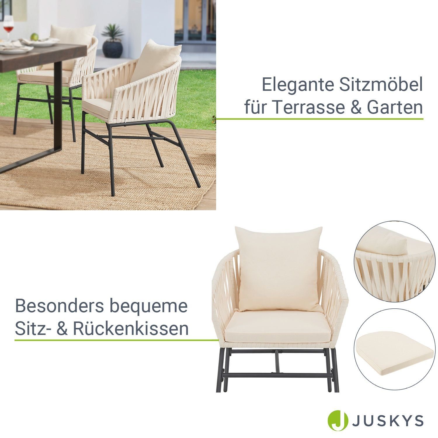 kg Gartenstuhl, Sitz und Beige, 160 wetterfest, inkl. bis Creme belastbar, Juskys zu Rückenkissen