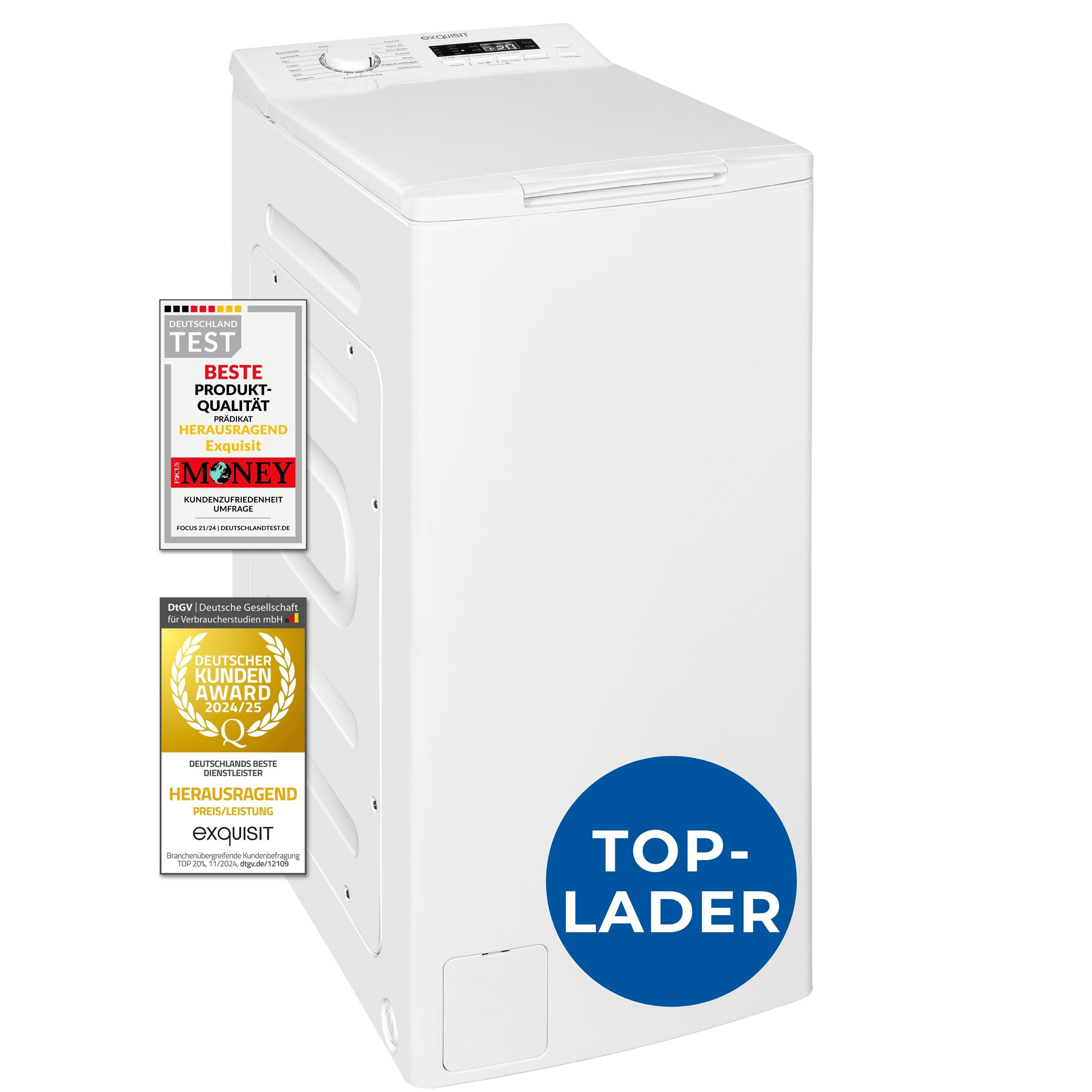 exquisit Waschmaschine Toplader LTO1207-030Aweiss, 7,5 kg, 1200 U/min, Rückenschonend: bequem von oben zu beladen mit softer Türöffnung