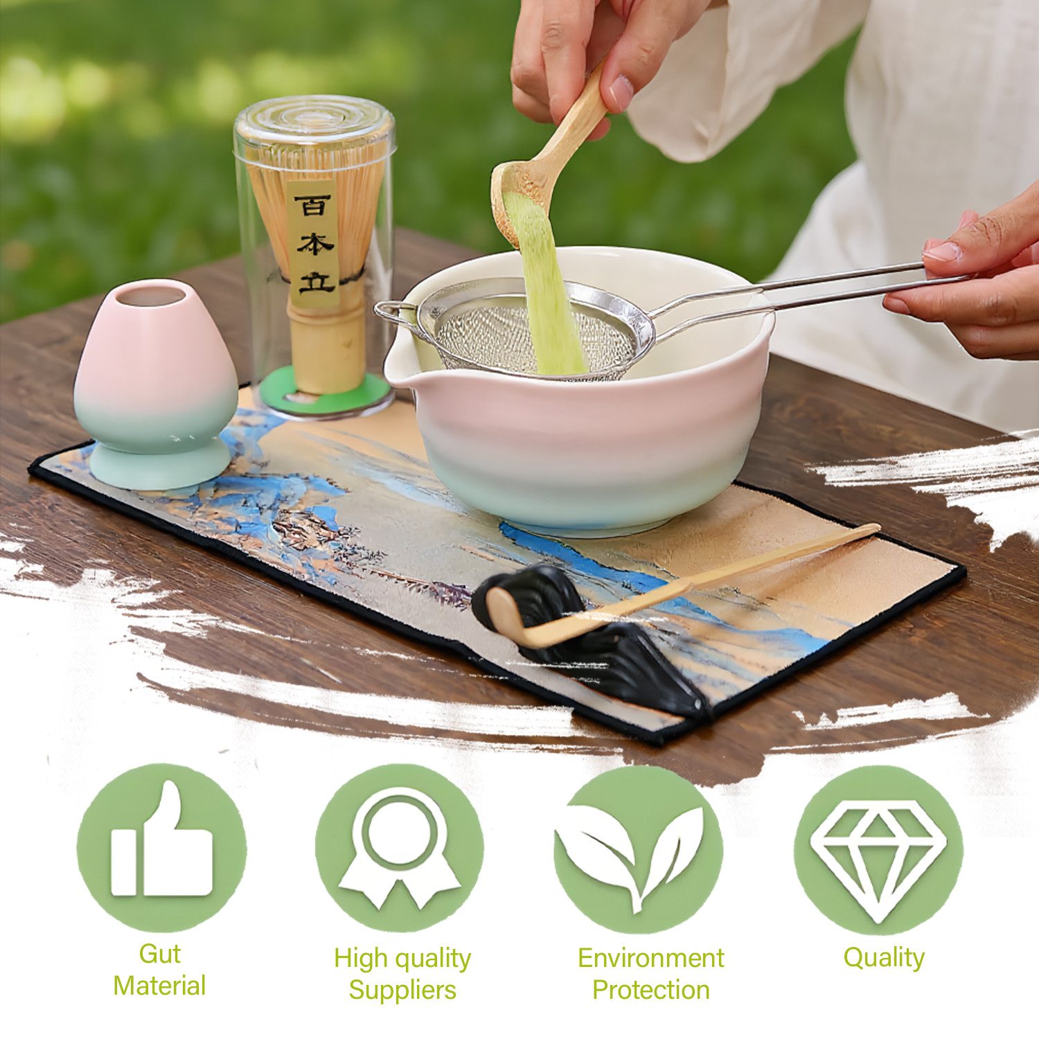 AKKEE Teeservice 8 Stück Matcha Tee Set mit Matcha Besen Edelstahlsieb Schal, Matcha-Zubereitungsset – Bild 4 von 5