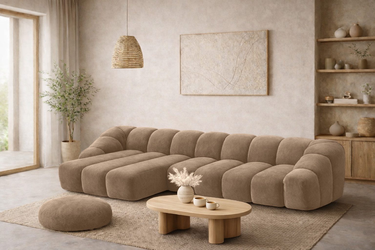 Ecksofa L XL modular für Wohnzimmer, Samtstoff Bluvel, CROISSANT