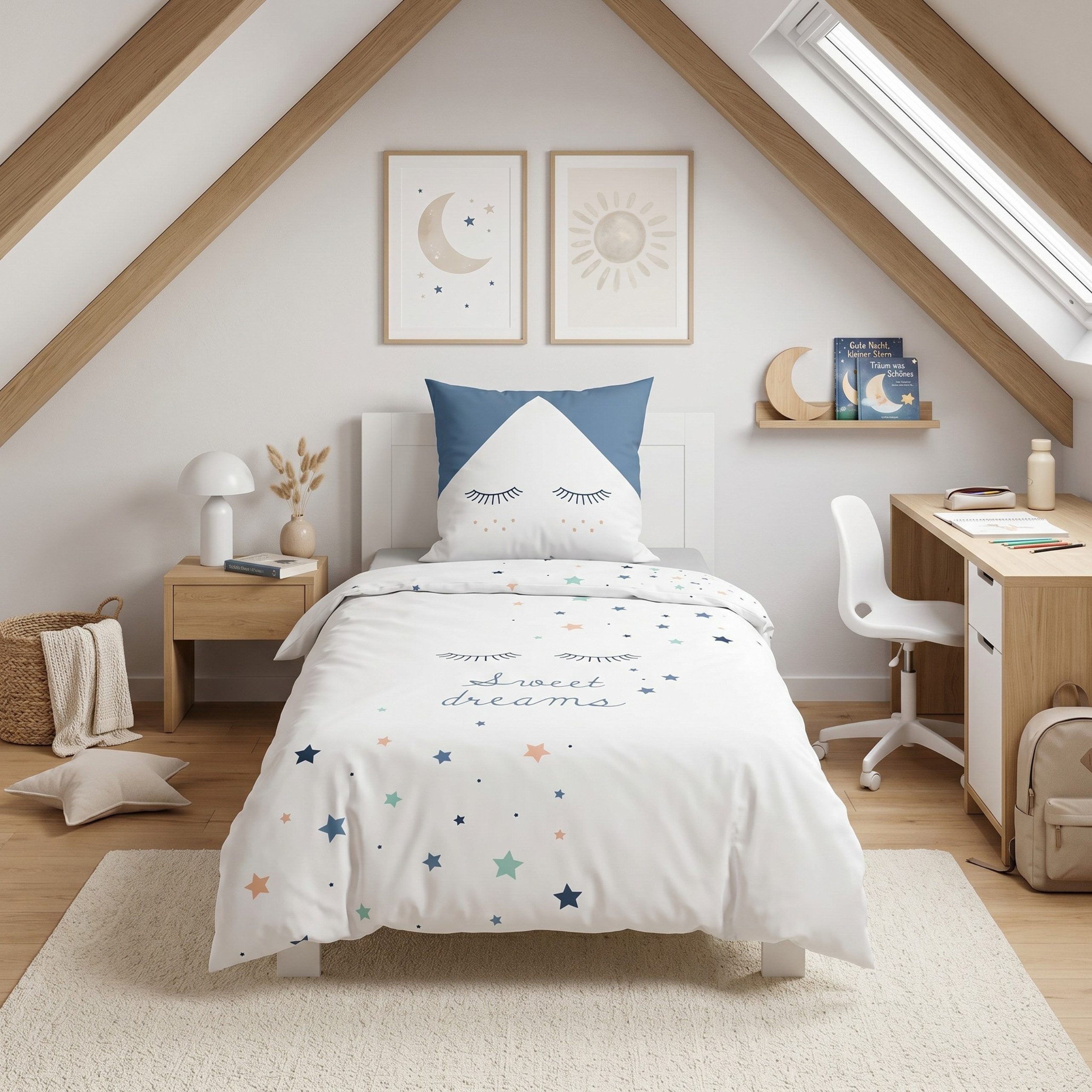 MTOnlinehandel Bettwäsche Sterne Kinderbettwäsche 135x200 + 80x80 cm, 100 % Baumwolle, Renforcé, 2 teilig, Sterne, süße Träume Bettwäsche für Kinder und Erwachsene