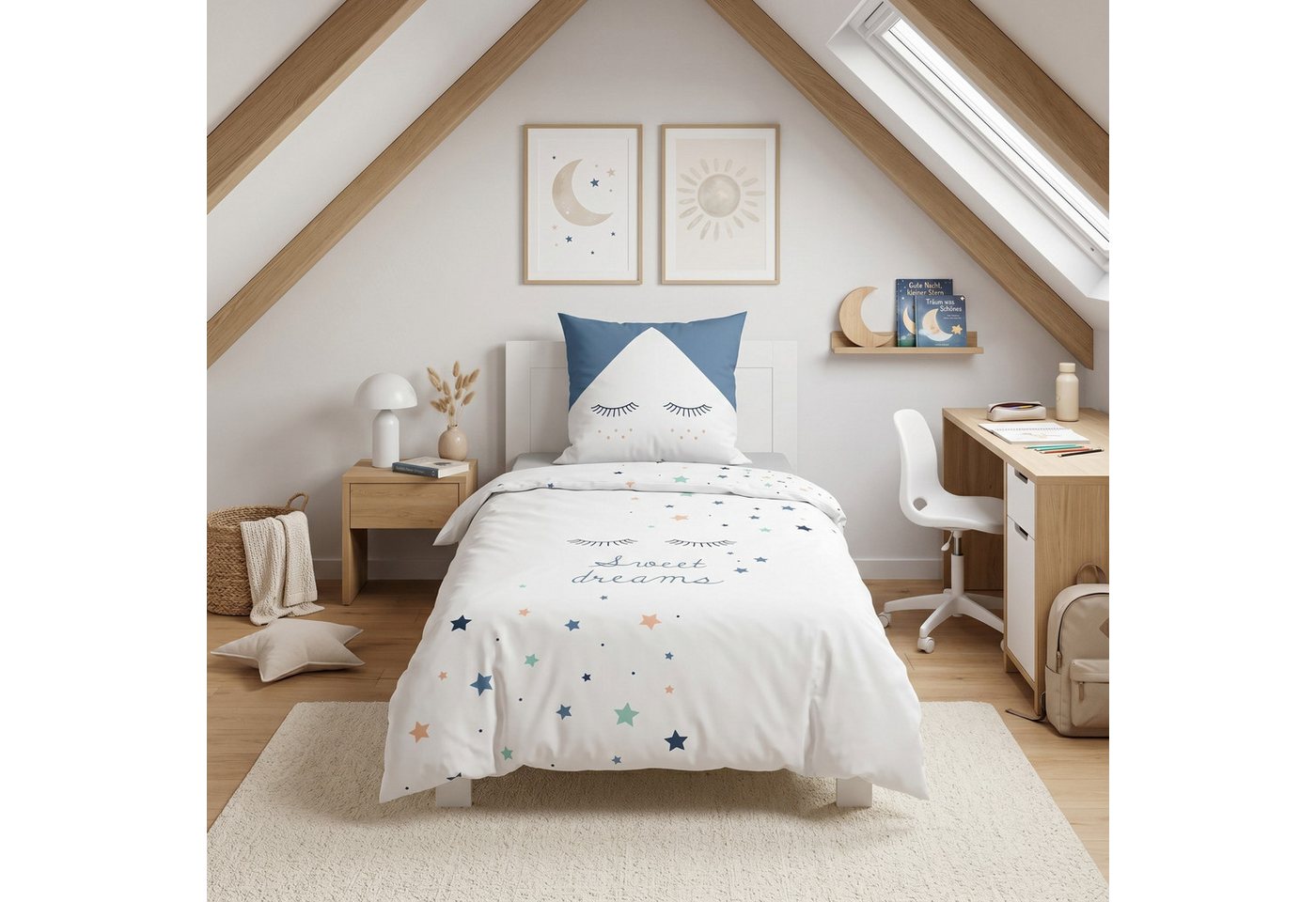 MTOnlinehandel Bettwäsche Sterne Kinderbettwäsche 135x200 + 80x80 cm, 100 % Baumwolle, Renforcé, 2 teilig, Sterne, süße Träume Bettwäsche für Kinder und Erwachsene