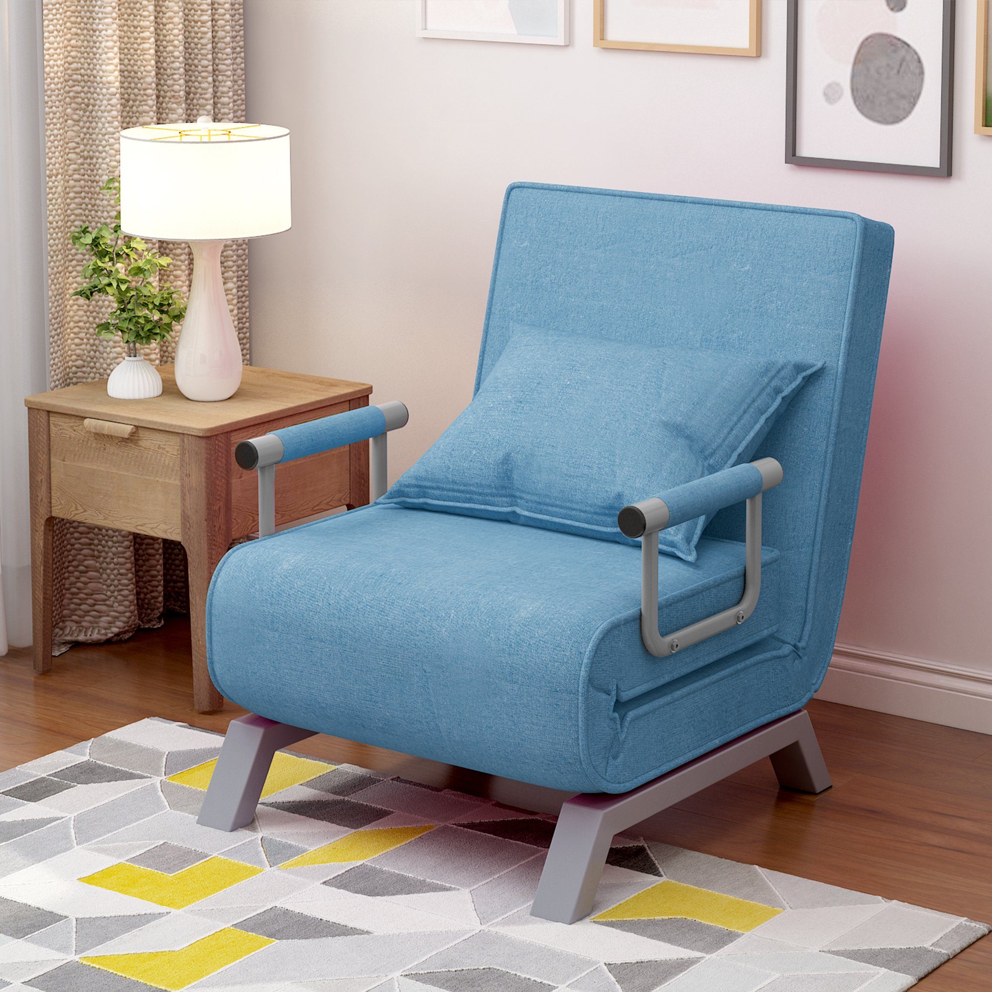 Flieks Relaxliege, faltbarer Schlafsessel, klappbarer Sessel mit Kissen, Bürosessel Blau
