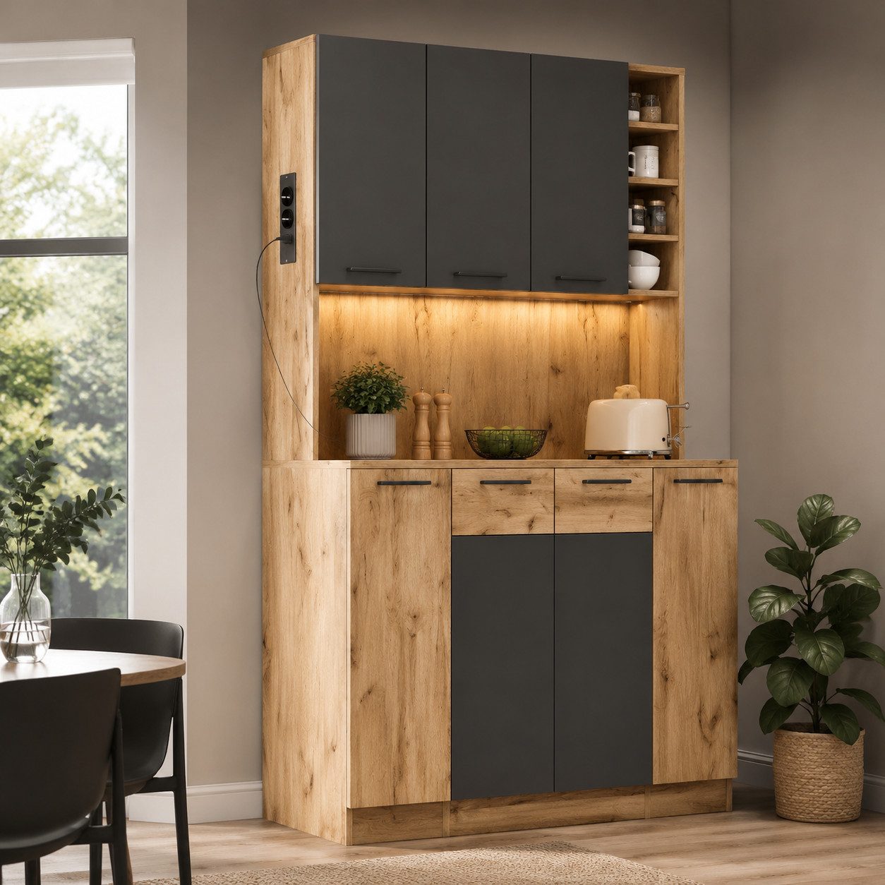 BlingBin Küchenbuffet Küchenschrank Hochschrank Küchenregal mit LED-Beleuchtung (3 Packung, 1-St., mit Steckdose und 4-stöckiges vertikales Auszieh-Gewürzregal) Weinregal und Vitrine für Küche & Esszimmer, 180×100×40 cm