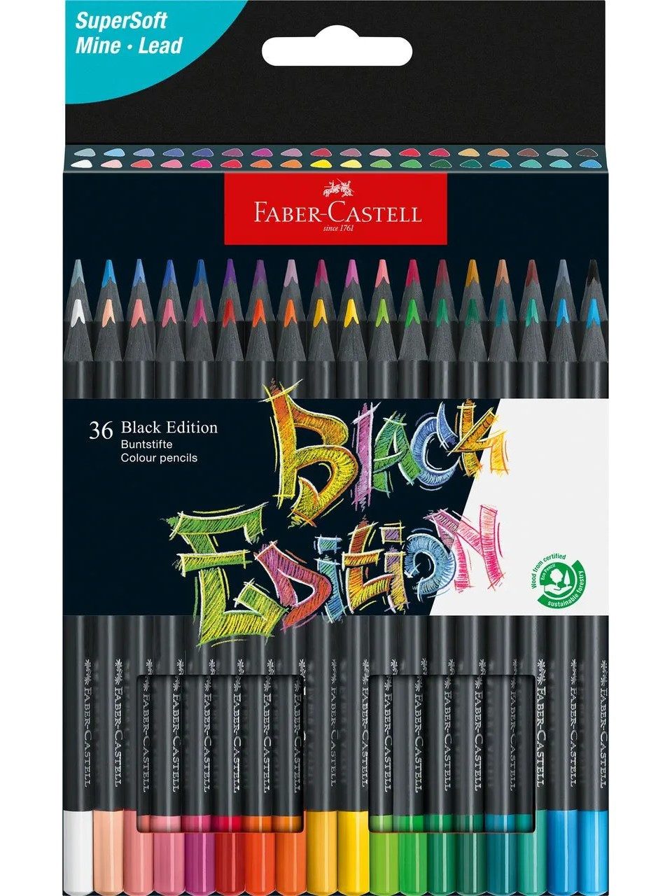 Faber-Castell Buntstift Buntstifte Black Edition 36er Kartonetui, SuperSoft-Mine