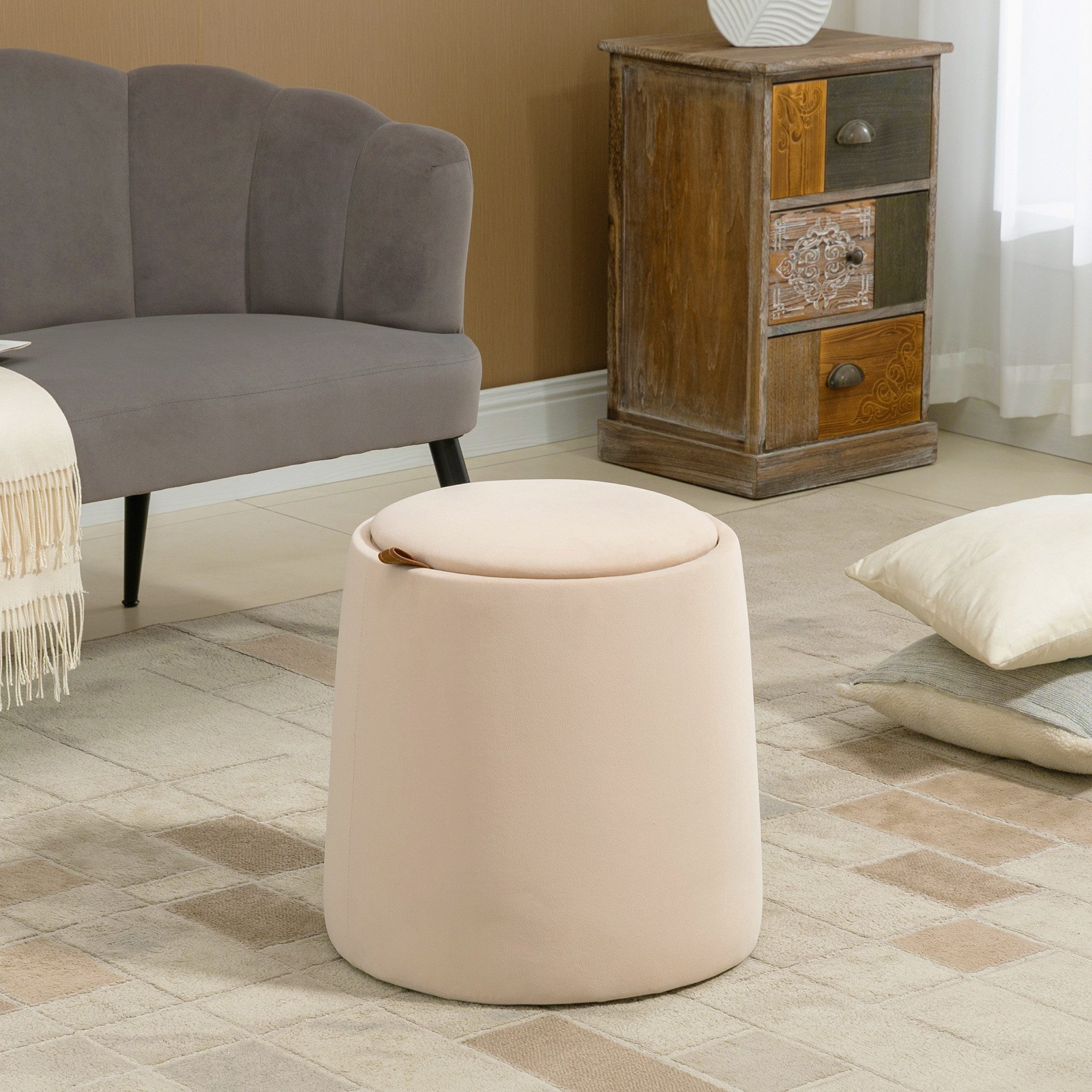 HOMCOM Sitzhocker 2-in-1 Hocker mit Deckel, Ottomane mit Samtoptik (Polsterhocker, 1 St., Sitzhocker), Beige Ø44 x 47,5 cm