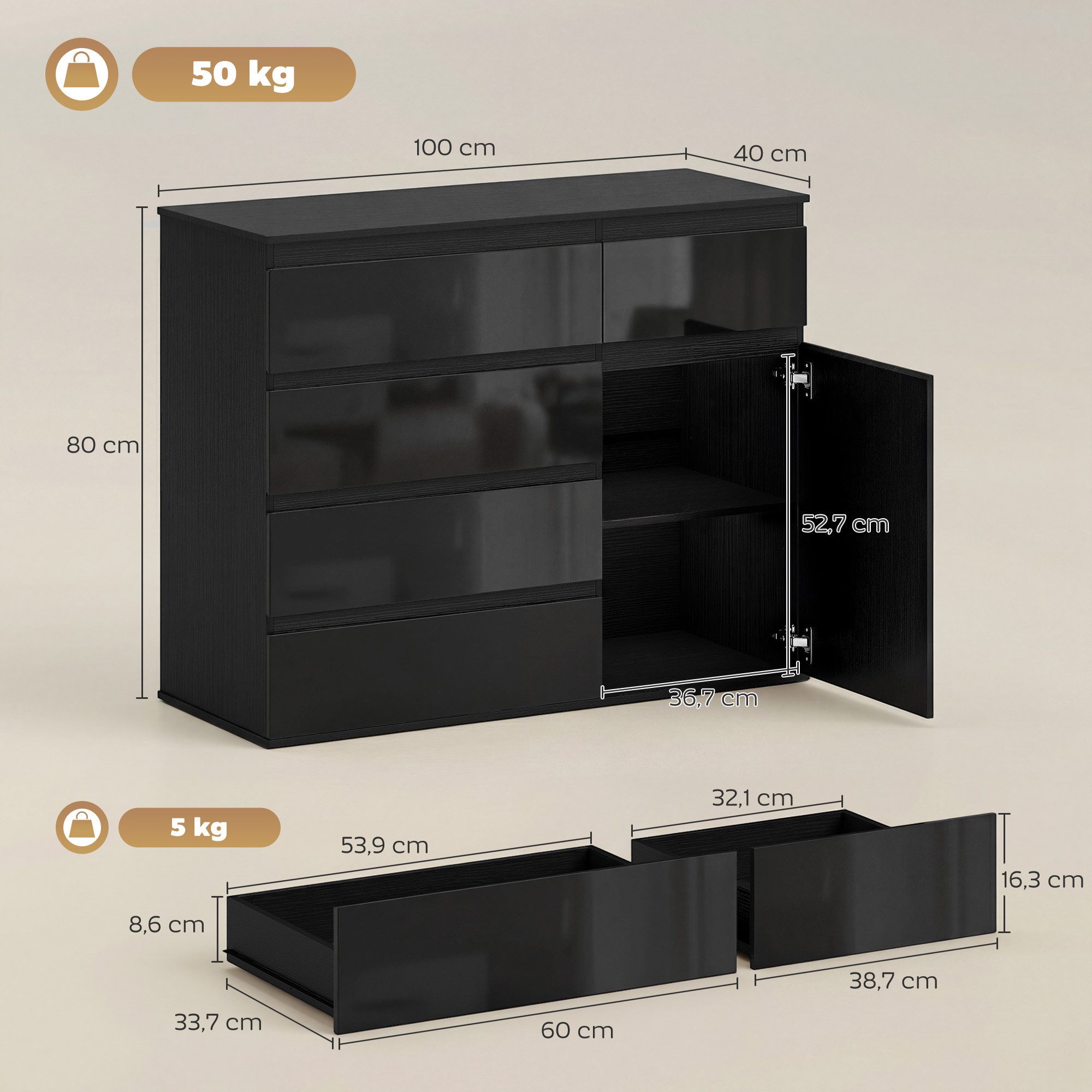 HOMCOM Kommode Regal verstellbar Schubladenschrank für Wohnzimmer 100x40x80cm (Aufbewahrungsschrank, 1 St., Sideboard), Fünf Schubladen, ein Schrank, hochglanzschwarz, Soft-Close