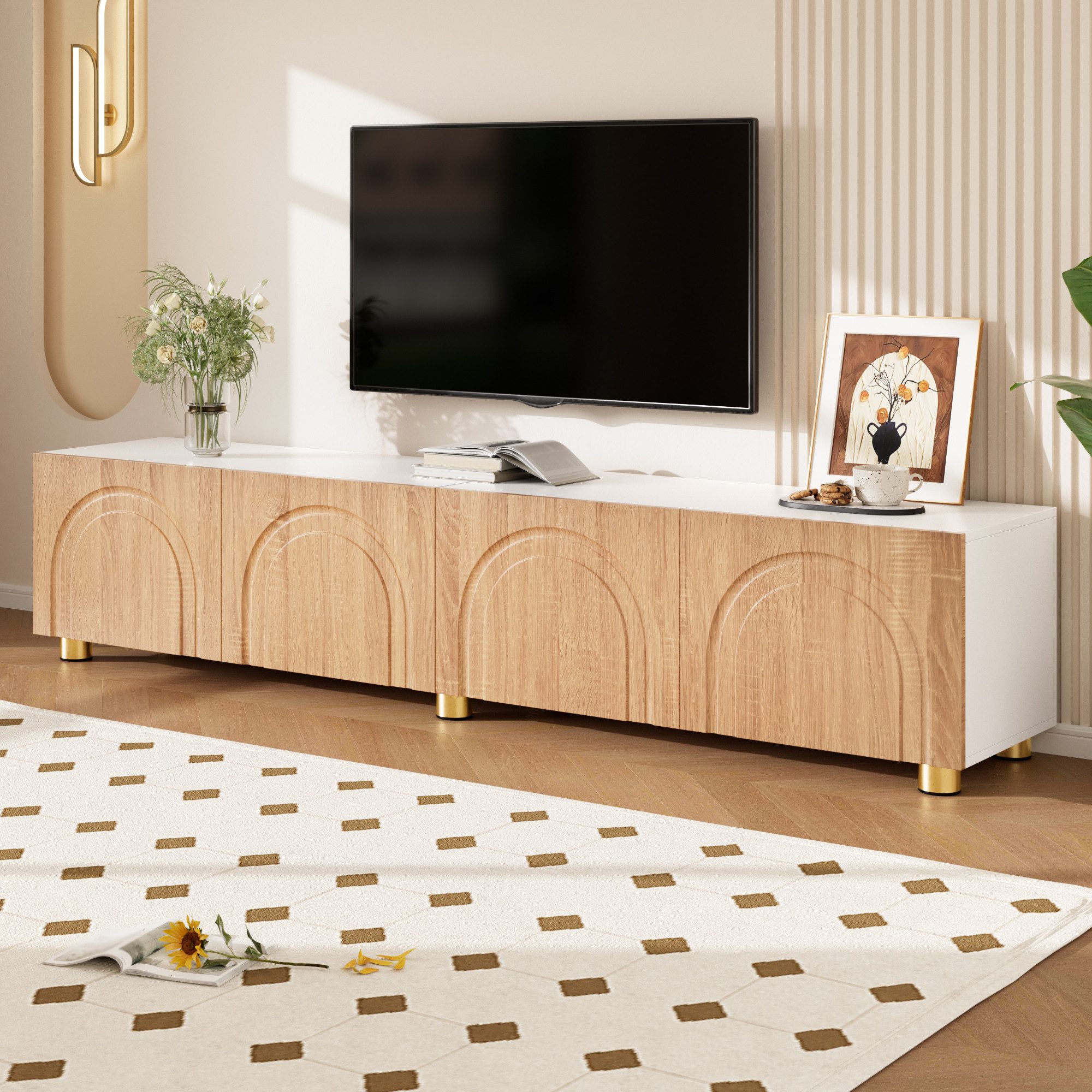 Merax Lowboard mit Bogenrelief und Metallfüßen (180 x 35 x 40 cm (L x B x H), 1 St), TV-Board TV-Schrank mit 4 Türen & großem Stauraum