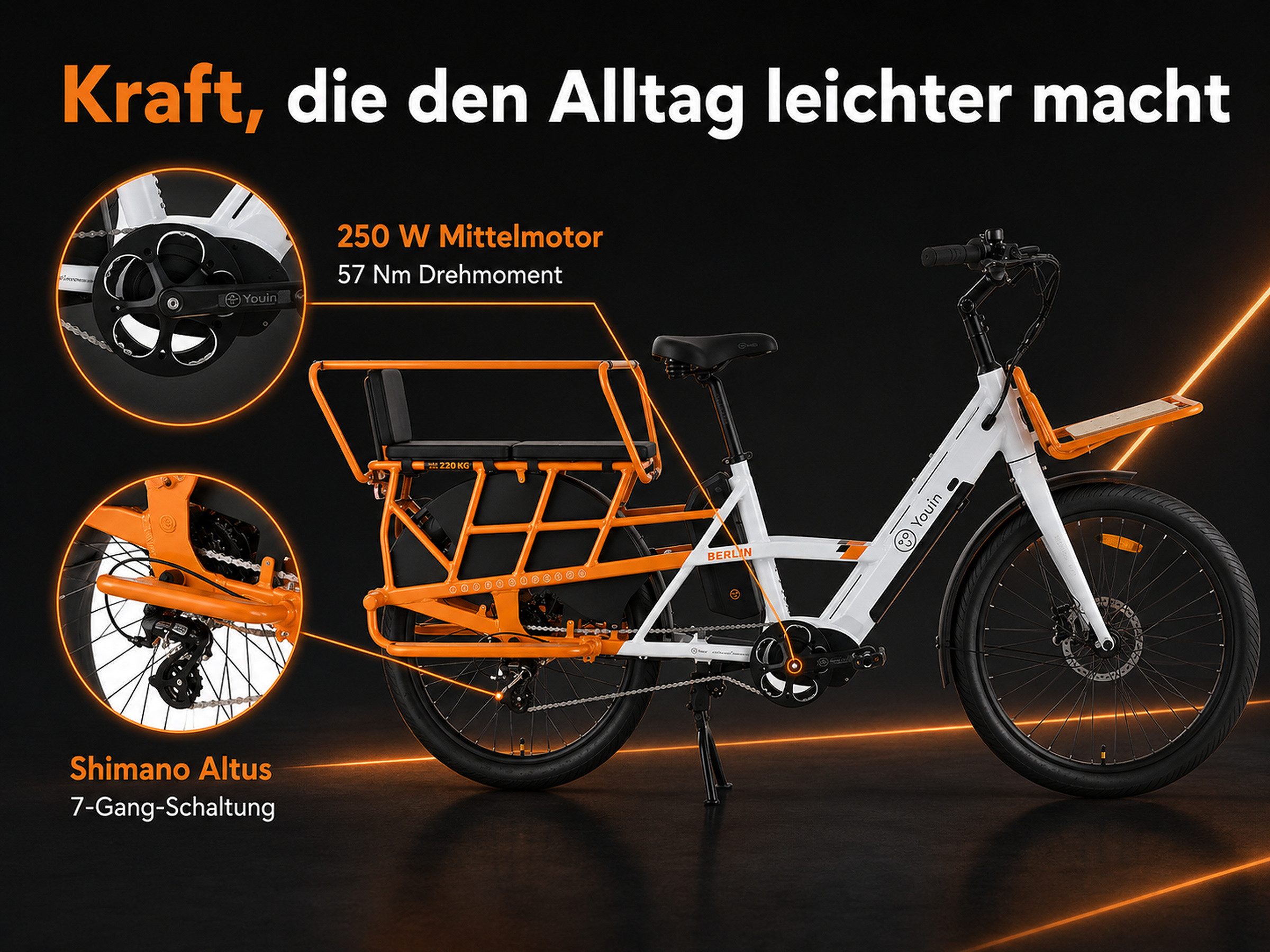 PixelPilot E-Bike Lasten-E-Bike Youin Berlin 26 Zoll, 250 W Mittelmotor, Dual-Akku 998 Wh, bis 125 km, 7 Gang, Mittelmotor, 998 Wh – Bild 4 von 5
