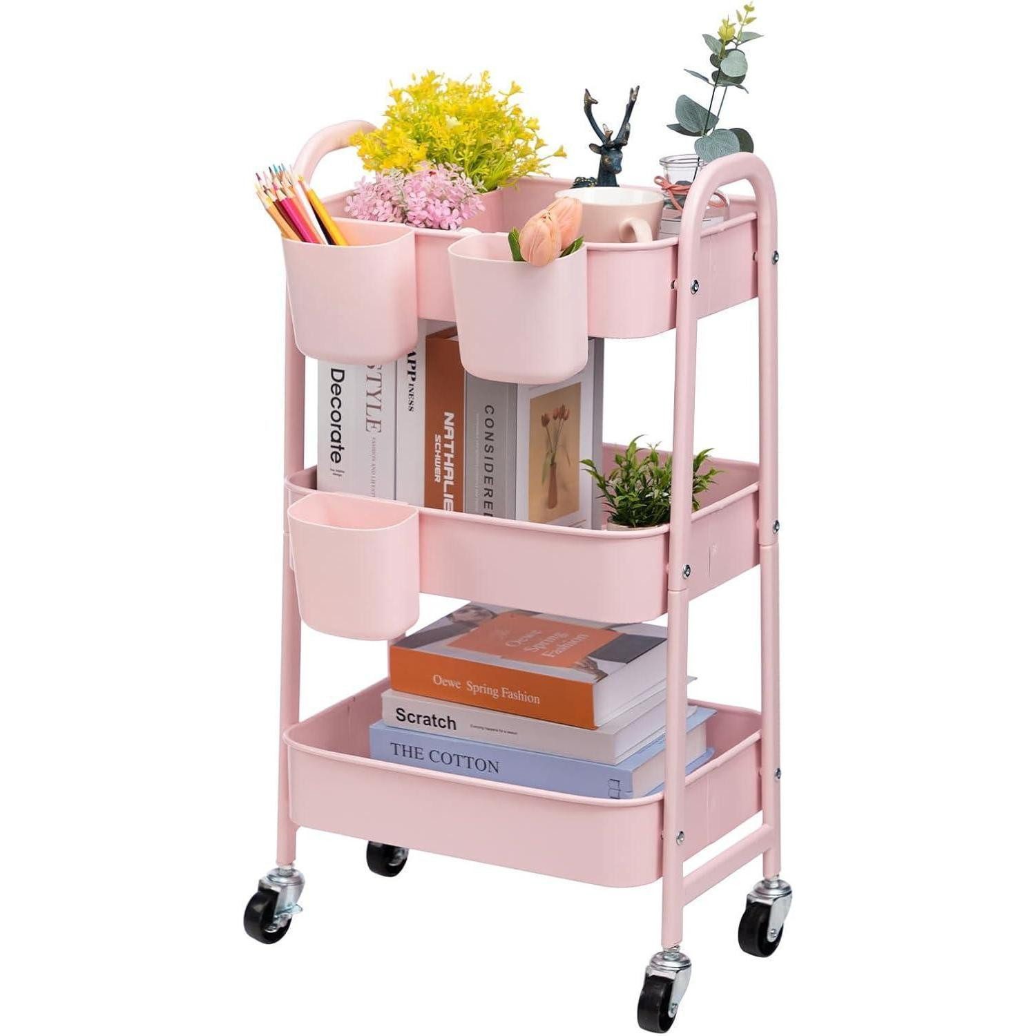 LuxusKollektion Ablagetisch Aufbewahrungswagen Metall 3 Etagen Rollwagen mit Rädern Rose 3 Tassen