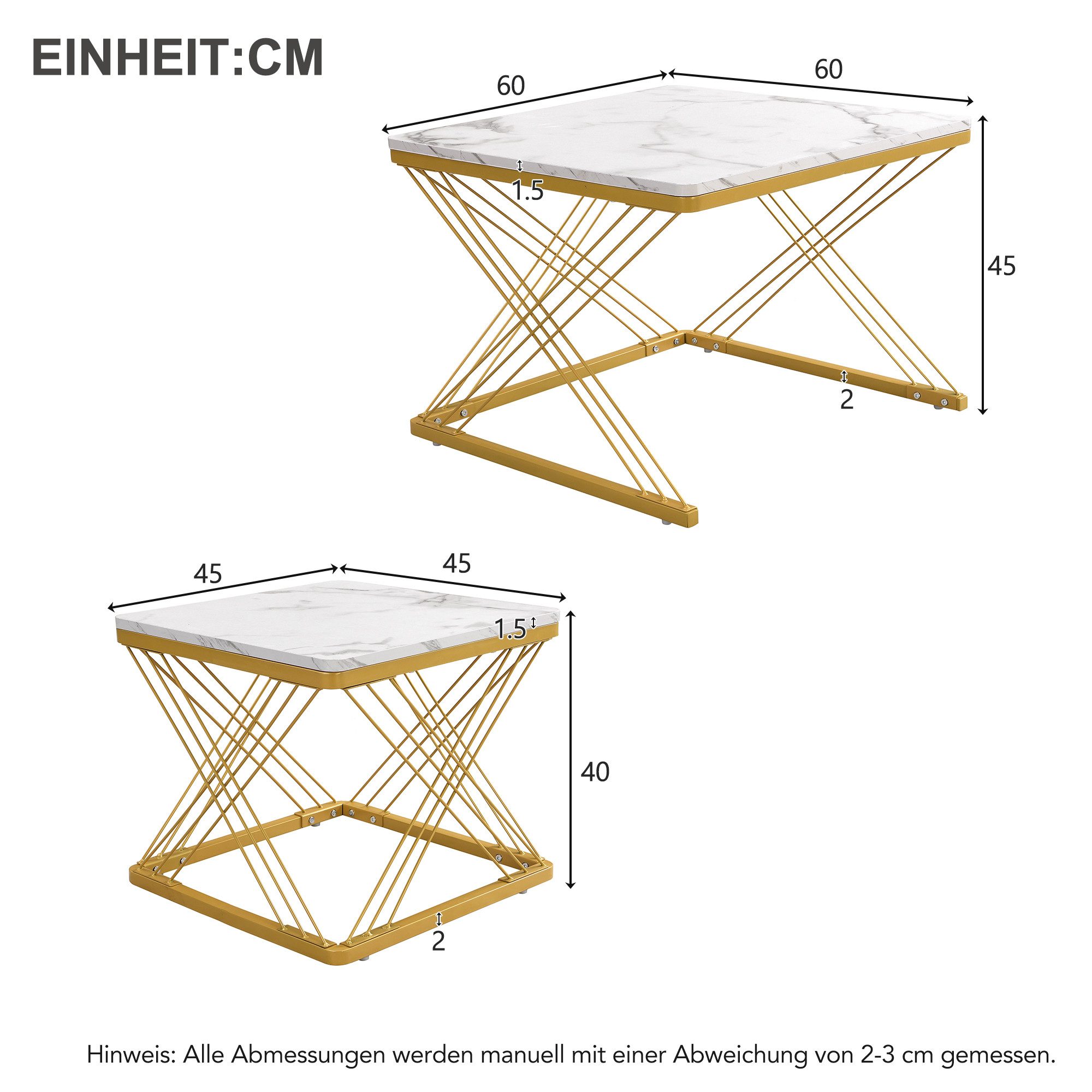 Merax Couchtisch, Set mit Stahlrahmen, Beistelltisch Hochglanz Marmoroptik, Satztisch