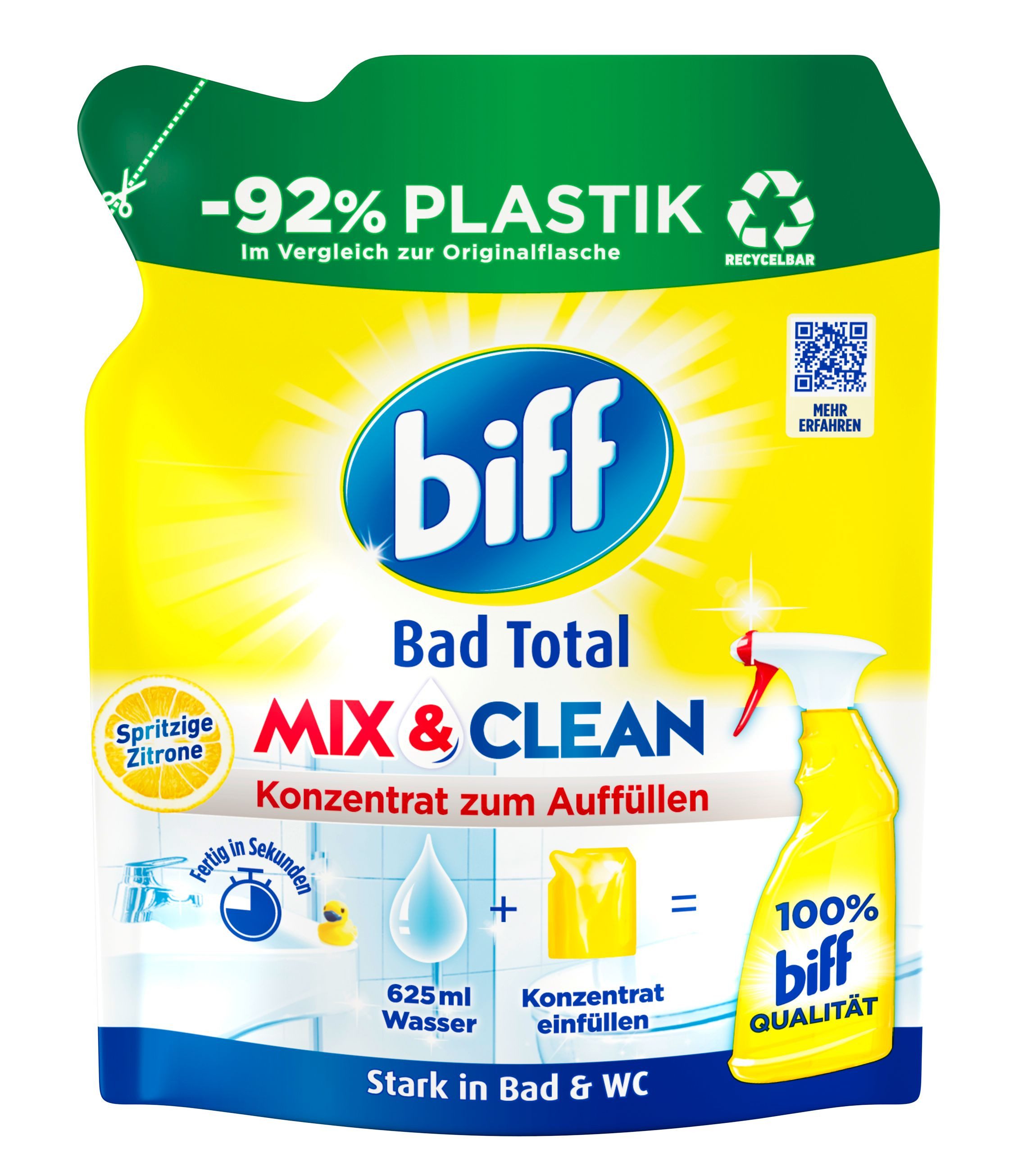 biff BIFF Mix & Clean Konzentrat Spritzige Zitrone 125ml Badreiniger (1-St. mit -92% weniger Plastik)