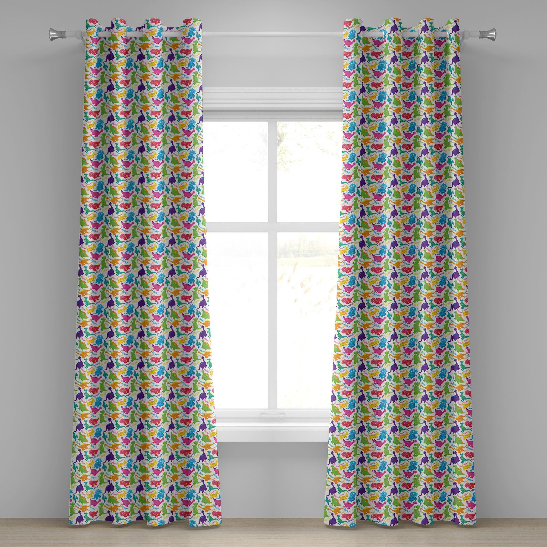 Gardine Dekorative 2-Panel-Fenstervorhänge für Schlafzimmer Wohnzimmer, Abakuhaus, Bunt Wilde Dinosaurier-Cartoon