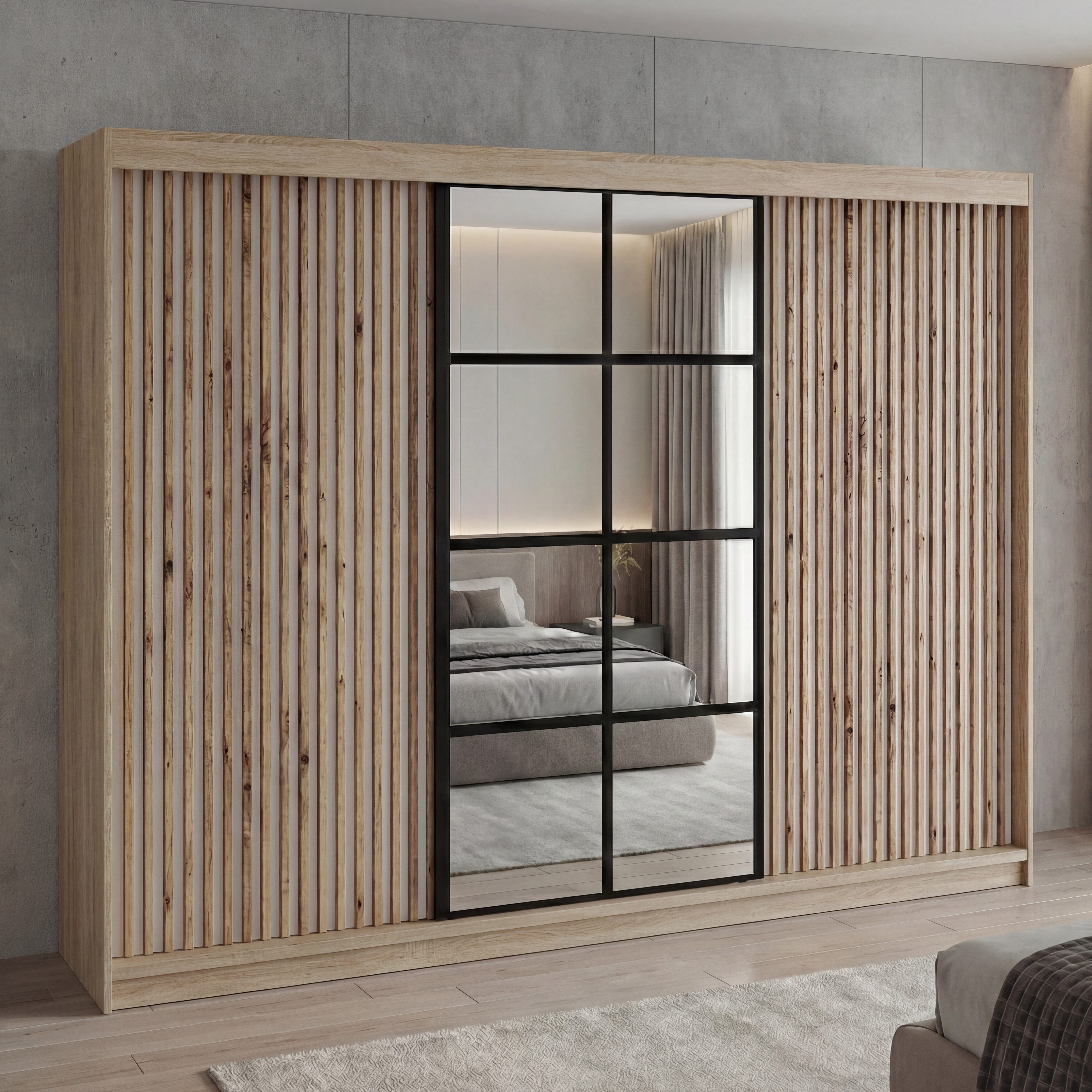 A&J MöbelLand GmbH Schiebetürenschrank NORIVO 200 cm mit 4 Schubladen, und 3D Lamellen (TOP ANGEBOT! Geräumiger Schrank mit einer Breite von 200 cm ideal zur Aufbewahrung von Kleidung und Accessoires. 4 Schubladen und viel Stauraum. TOP PRODUKT! Wählen Sie das ideale Modell für Ihr Schlafzimmer!, Inclusive 4 Schubladen)