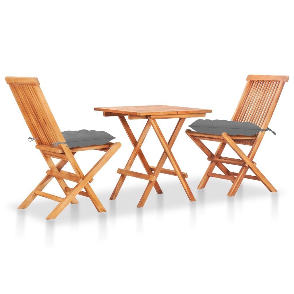 vidaXL Gartenlounge-Set 3-tlg. Bistro-Set mit Grauen Kissen Massivholz Teak, (3-tlg)