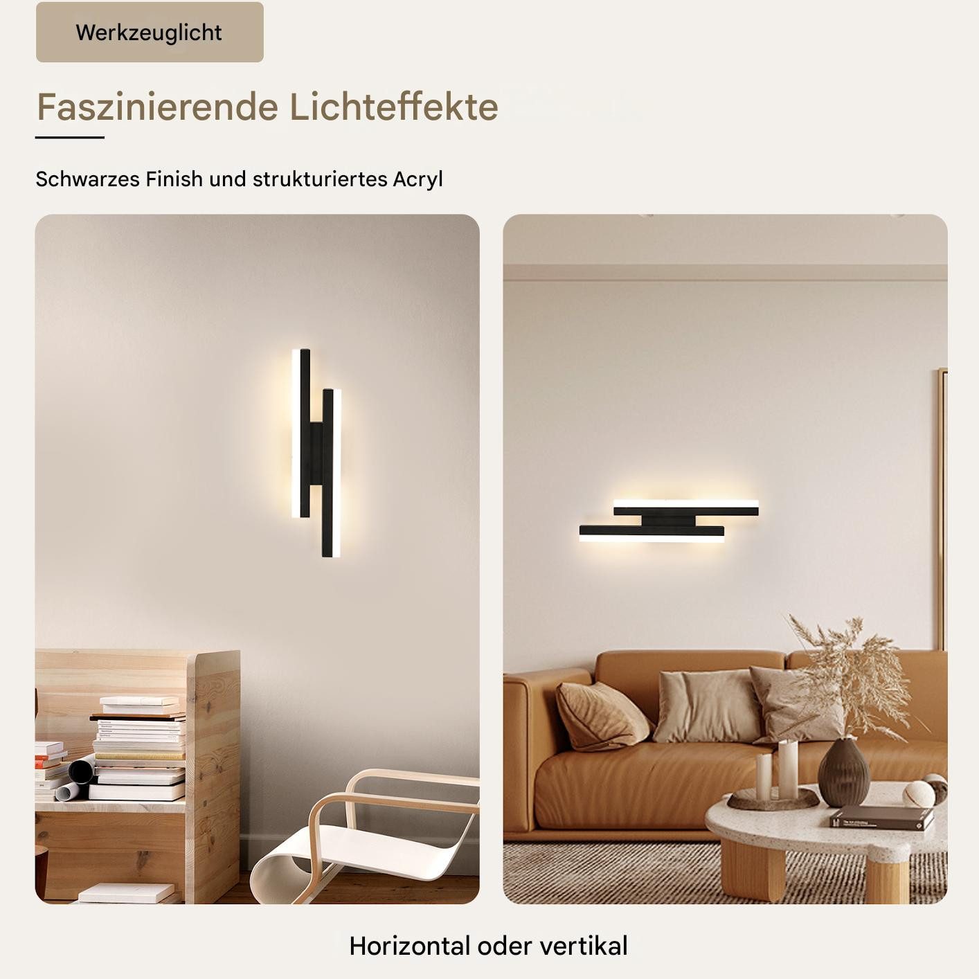 Riserva LED Wandleuchte LED Wandleuchte Innen Modern 16W, 6500K Kaltweiß, Schwarz, 40cm, LED wechselbar, Tageslichtweiß, Wandlampe Linear Lange für Schlafzimmer – Bild 5 von 5