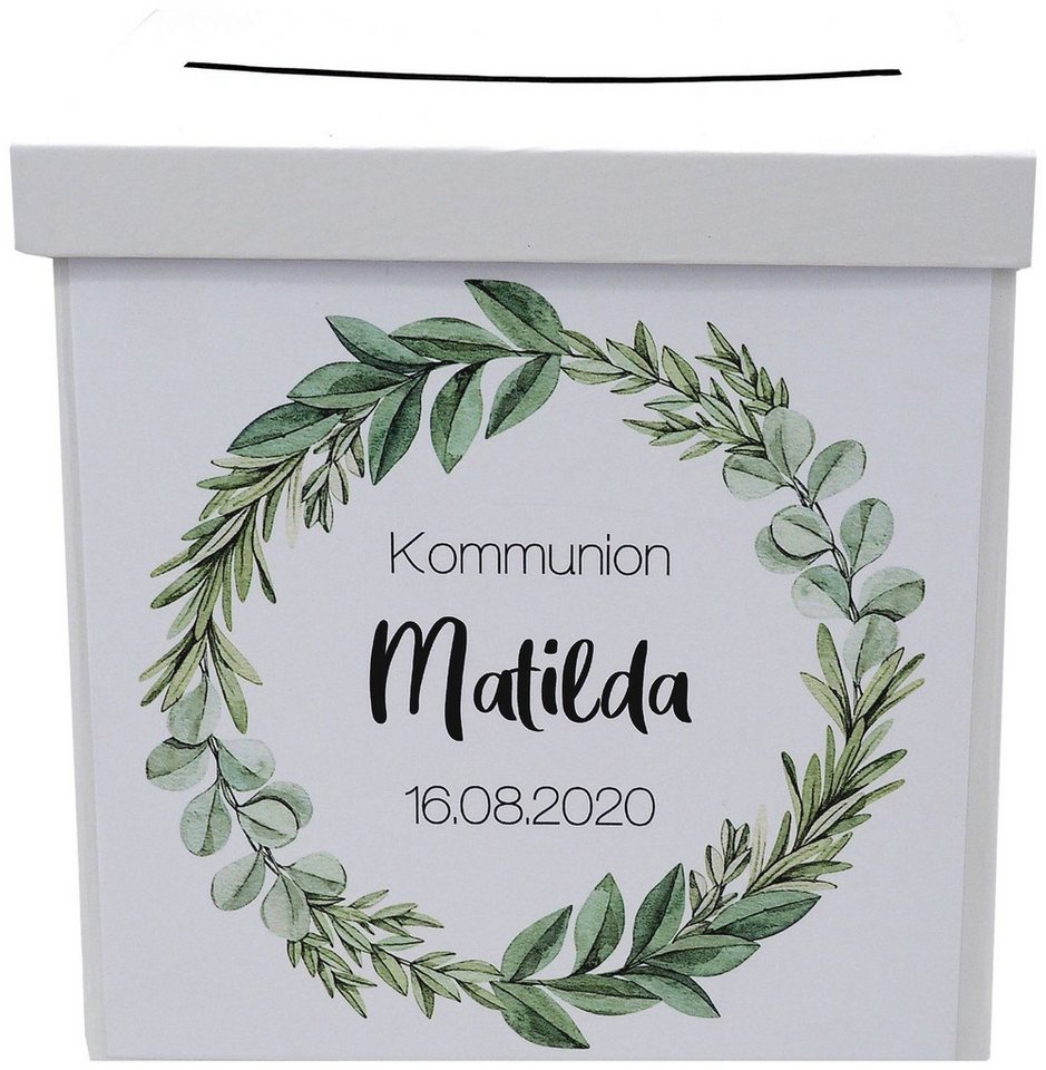 Thumbnail - ZauberDeko Geschenkbox Briefbox Kommunion Konfirmation Eukalyptus Blätterkranz MIT NAME