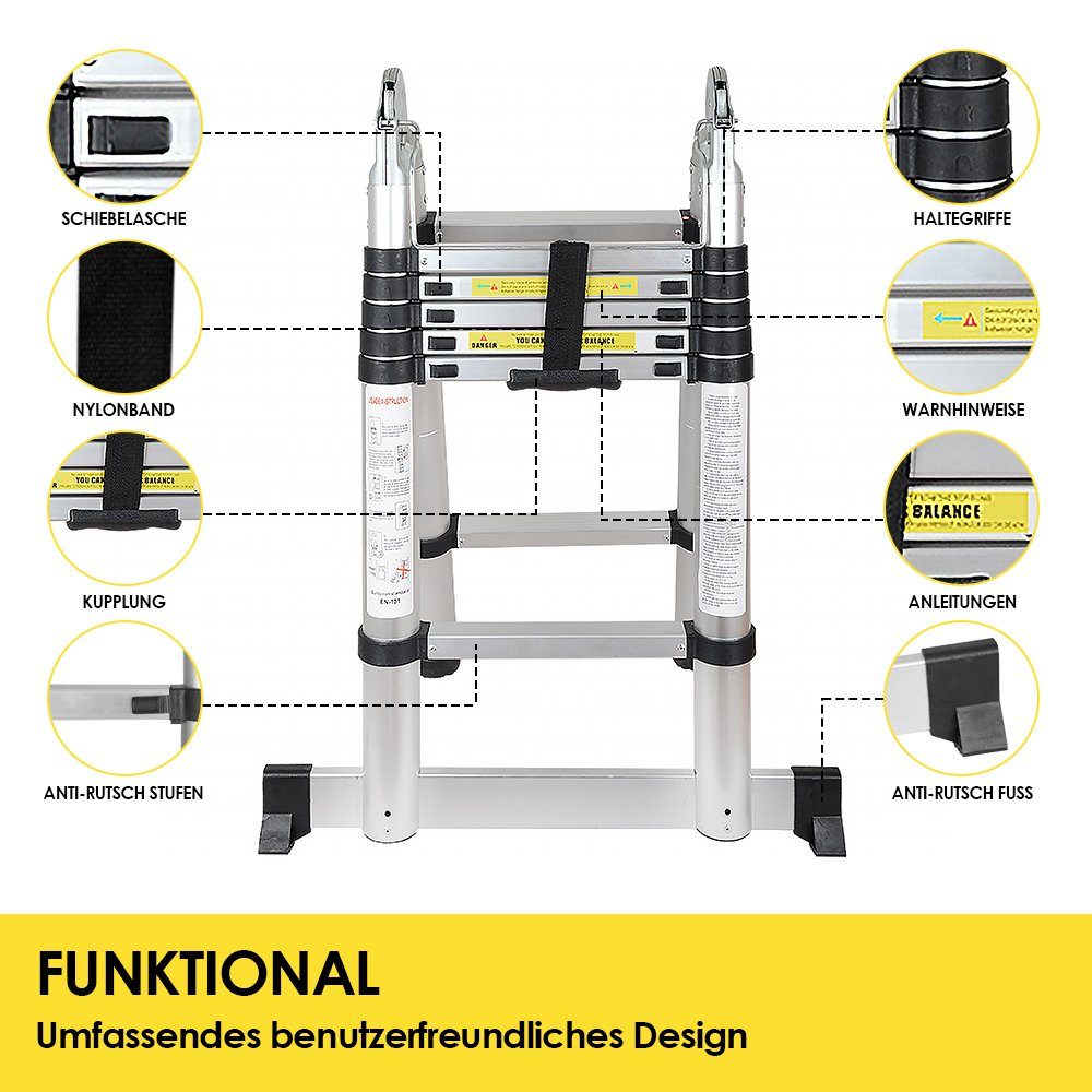 mit Klappbar 2.6m-5m Teleskopleiter Anlegeleiter Teleskopleiter Ausziehleiter haken Alu Silber TolleTour