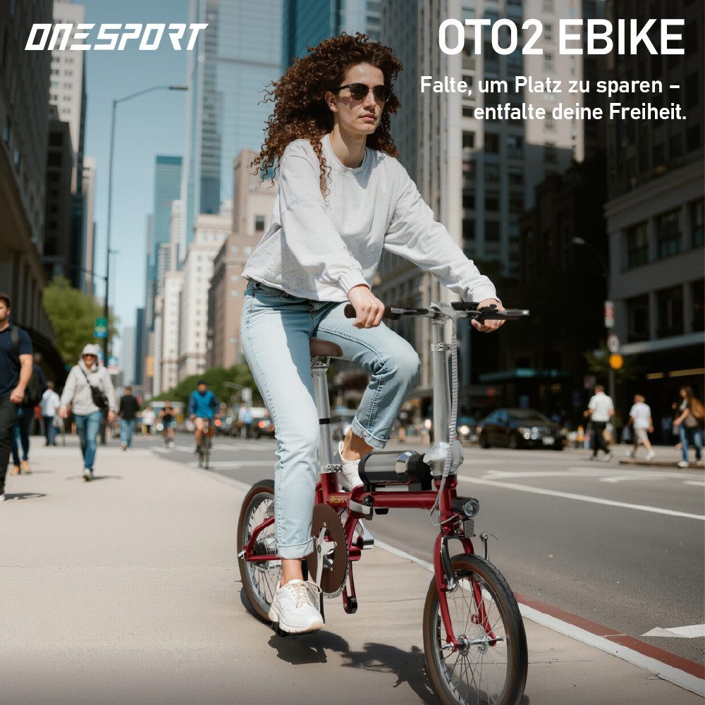 Onesport E-Bike Cityrad OT02 e bike für herren u.damen 187Wh 36V 250W klapprad, 1 Gang, Kettenschaltung, Heckmotor, 187,2 Wh, 36V 250W 30Nm Klapp-E-Bike 40km Reichweite 14,5kg leicht
