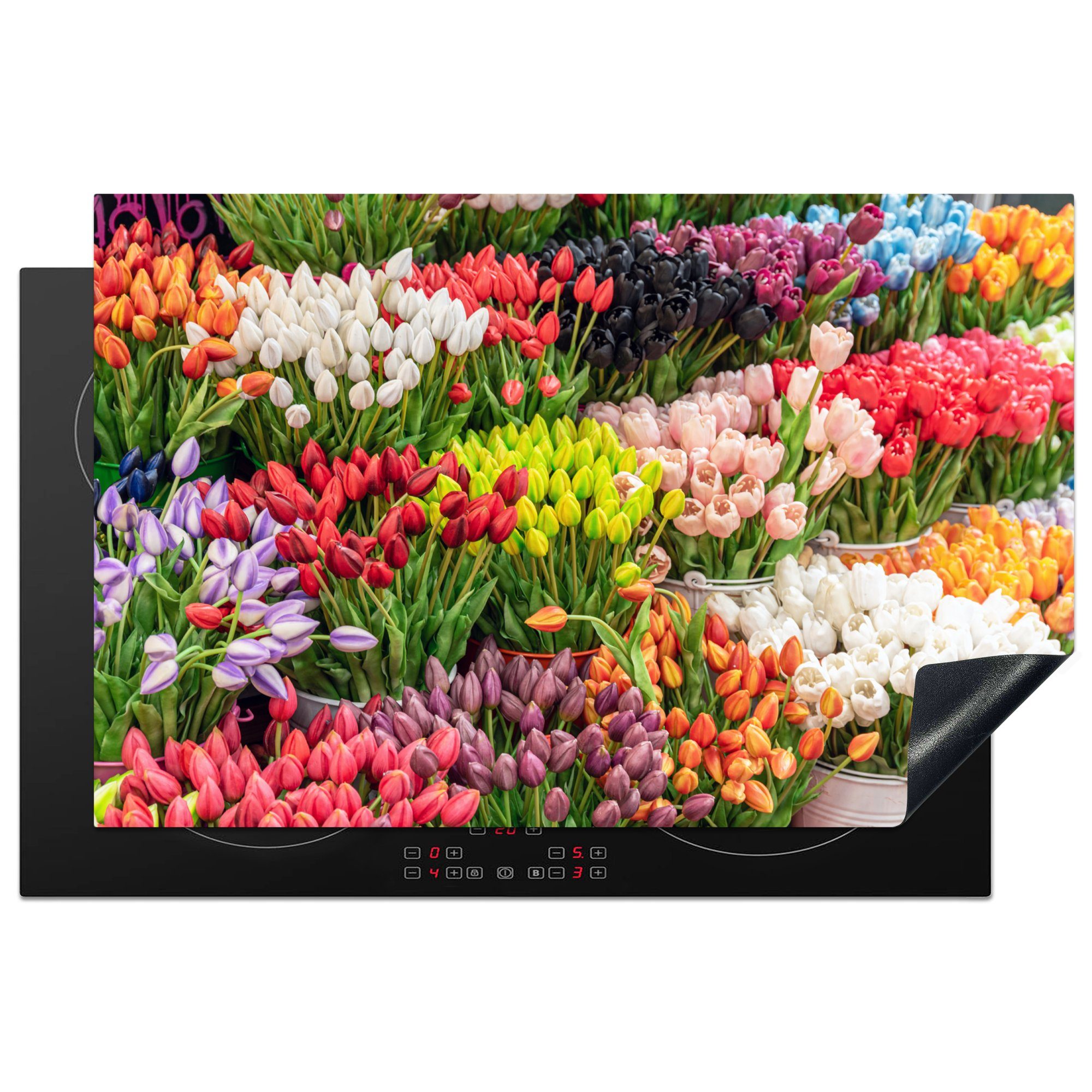 Induktionskochfeld Schutz Blumen Farben, die küche, MuchoWow (1 tlg), 81x52 cm, Ceranfeldabdeckung Vinyl, Herdblende-/Abdeckplatte Tulpen - - für