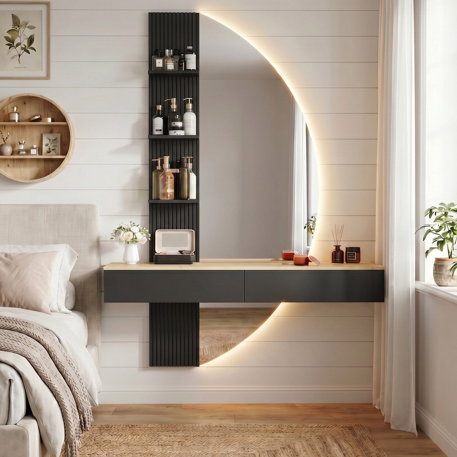 HOMALL Schminktisch Hängender Schminktisch mit LED-Beleuchtung (Maße: 106 × 40 × 143 cm, mit 3 offenen Ablagefächern, 2 Schubladen und drei einstellbaren Farbte – Bild 3 von 5