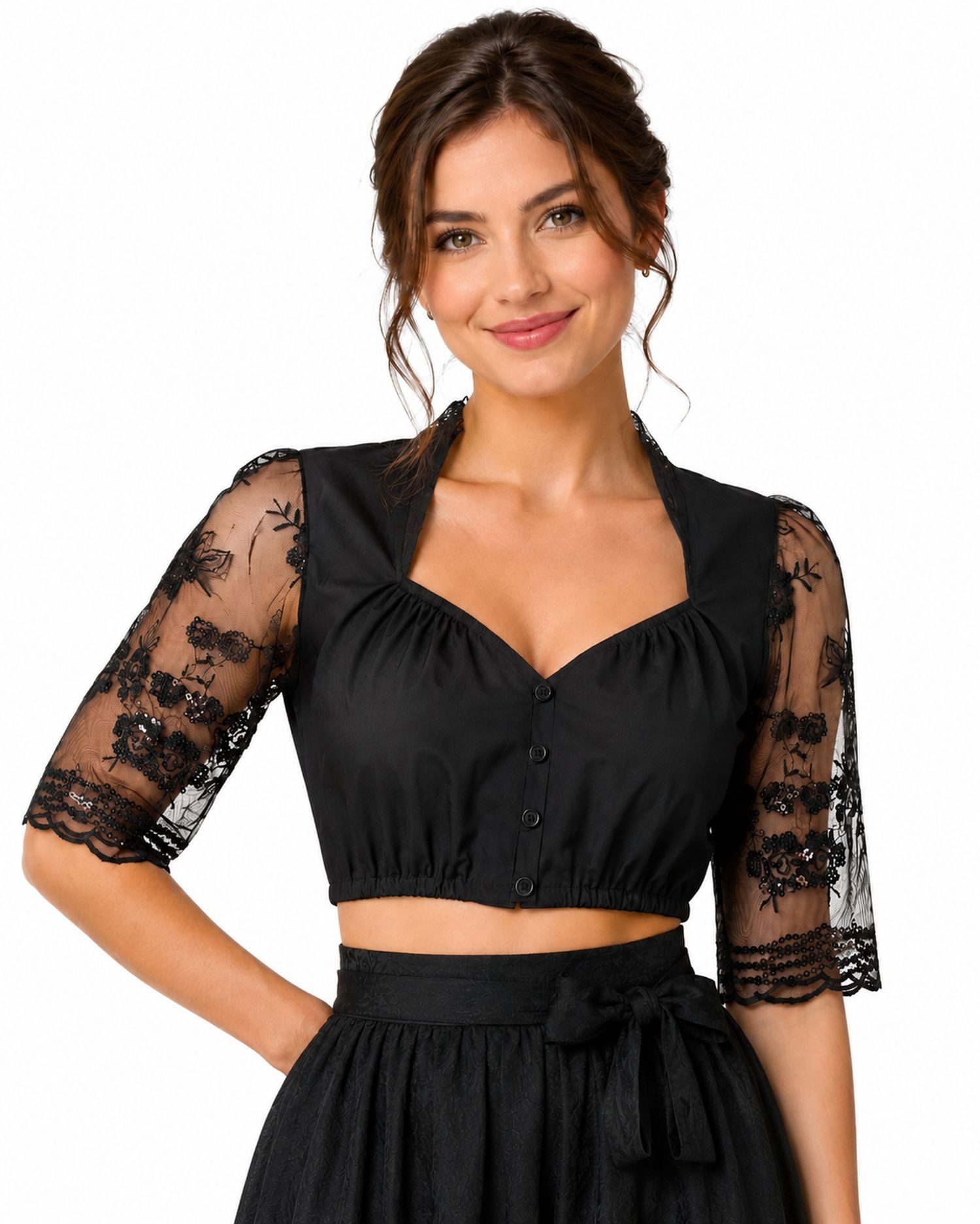 Pierre Marcel Die Bluse Dirndlbluse für Damen mit Spitze und Pailletten - Schwarz