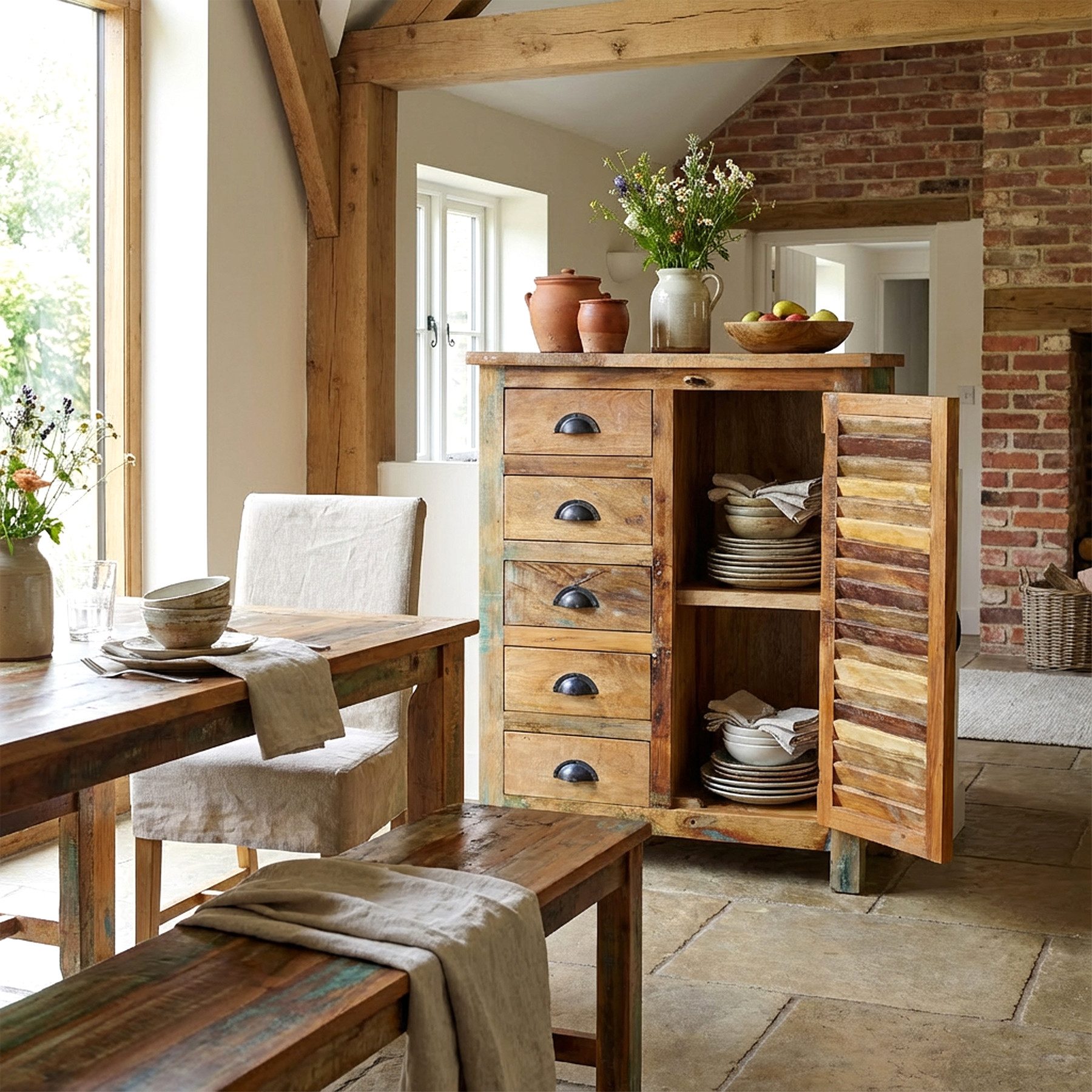 Casa Moro Highboard Hochkommode Massivholz Sideboard Altholz Wohnzimmer Vintage Boho, massiver Aufbau: 43 kg Gewicht, mit Schubladen, handgefertigt