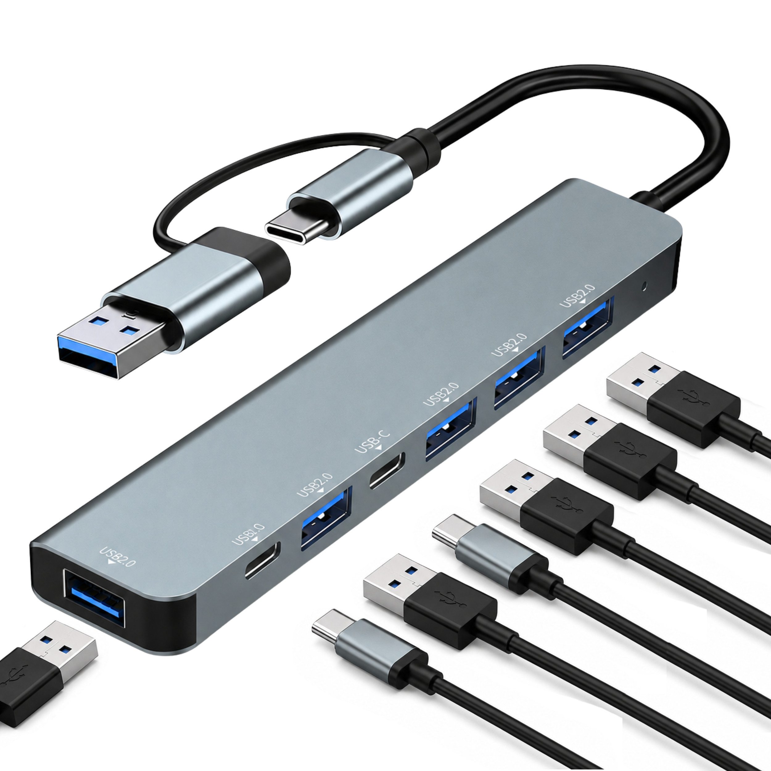 PlugUp Laptop-Dockingstation USB-C Multiport 7 in 1 Adapter mit USB-C & USB 3.0 USB-Port, Universell kompatibel mit macOS, Windows, Linux