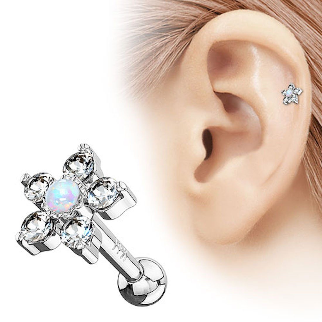 Taffstyle Piercing-Set Echt 585 Gold Tragus Helix Daith Kristallen Opal, Piercing Stecker Knorpel Blume Glitzer Cartilage Helix Barbell Stab Weißgold