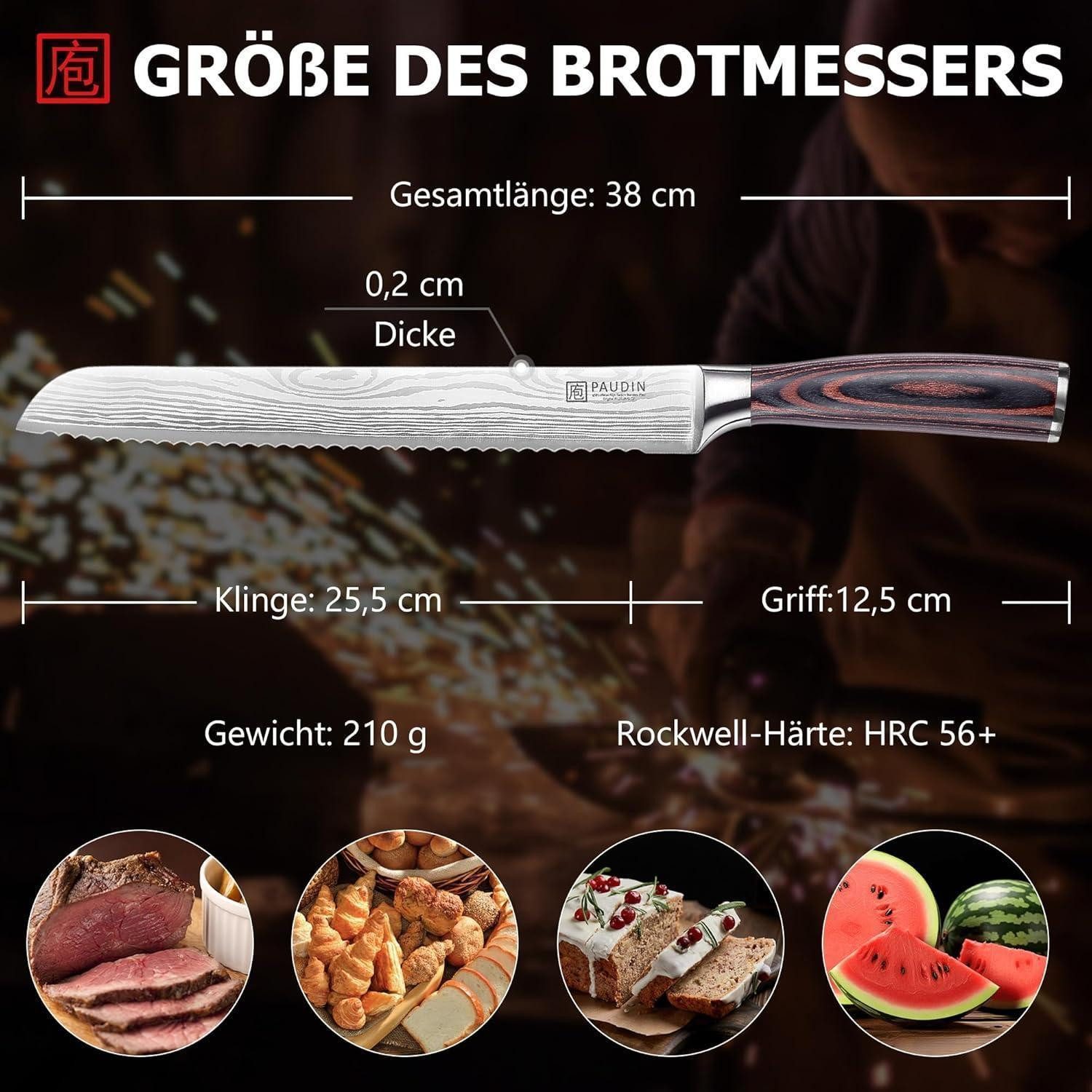 LuxusKollektion Brotmesser Langes Brotmesser 26 cm Küchenmesser aus Edelstahl mit Pakkaholzgriff