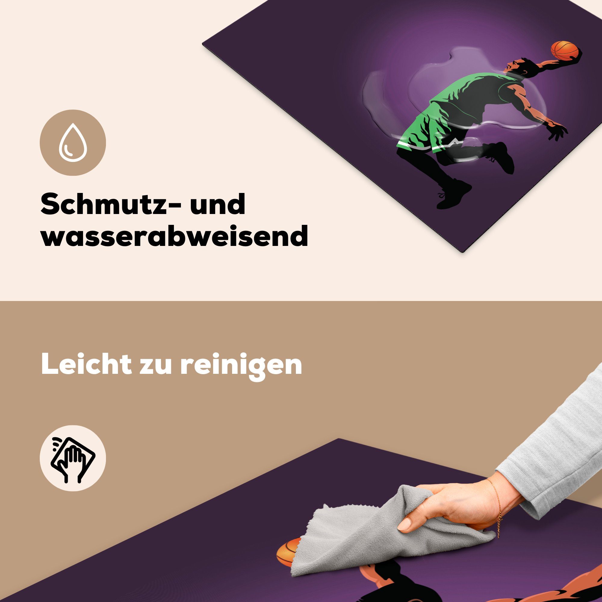 spektakulären, Illustration Mobile (1 65x52 Vinyl, Eine Herdblende-/Abdeckplatte Arbeitsfläche tlg), Basketballspielers, cm, der nutzbar, eines Ceranfeldabdeckung MuchoWow einen