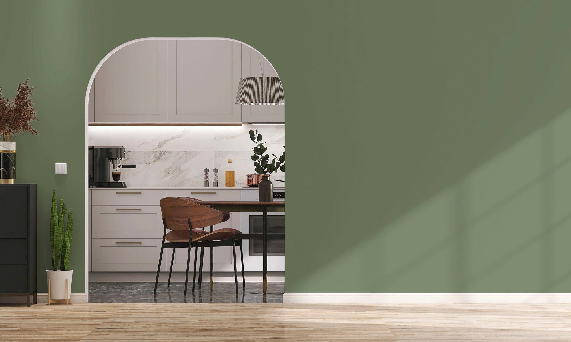 Wohnzimmer, Küche, Création für Wandfarbe c5003 Premium sage green, Innenwandfarbe und A.S. green PURO ideal Farbwelt sage Grün Tuchmatt Flur Schlafzimmer,