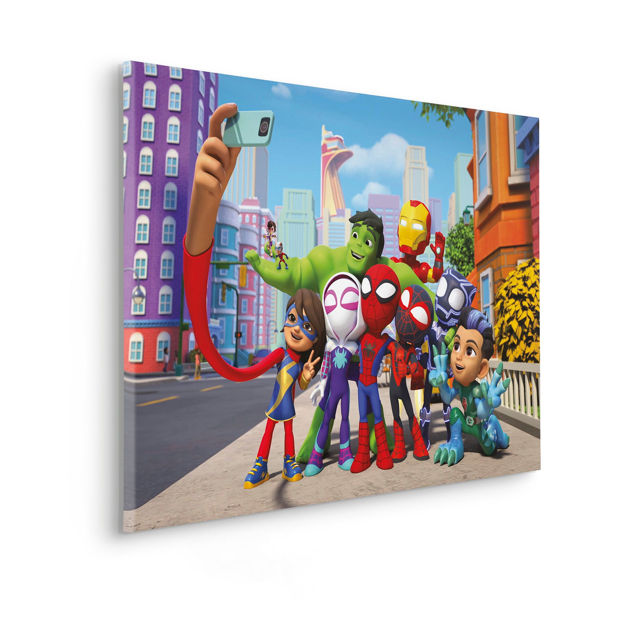 Komar Leinwandbild Spidey and His Amazing Friends Selfie - Größe 90 x 60 cm, Comic, Serien (1 St), Keilrahmenbild mit Echtholzrahmen, Kinderzimmer