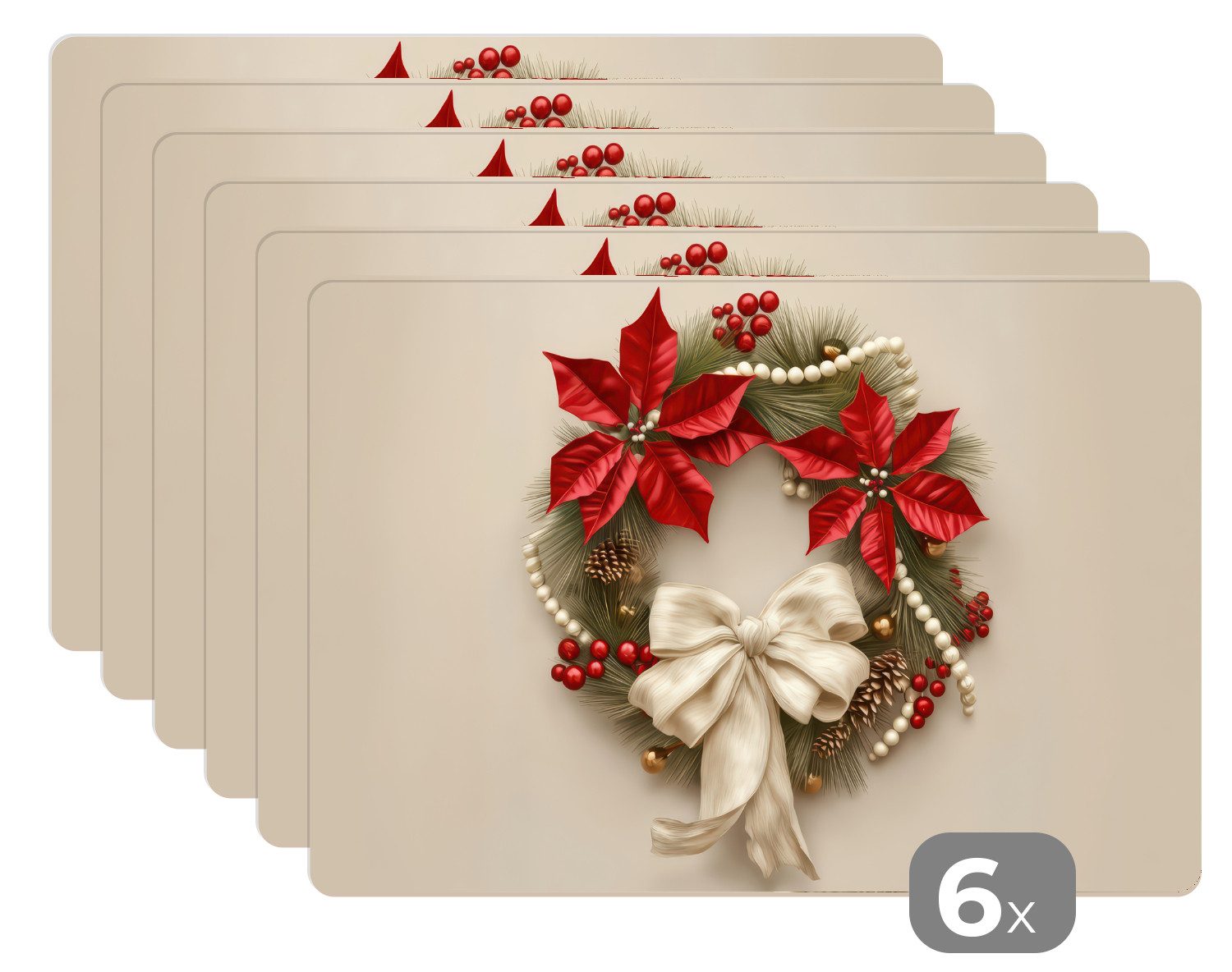 MuchoWow Platzset Türkranz - Schleife - Weihnachten - Rot - Grün, (6-St), Platzsets, Tischset, Abwaschbar, Tischsets, Platzdeckchen