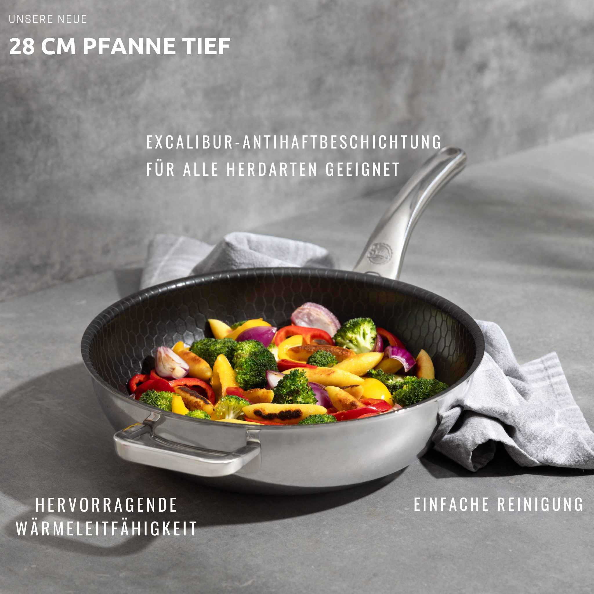 Sallys Bratpfanne Wabenpfanne- mit Excalibur-Antihaftbeschichtung, Edelstahl 18/10, Induktion