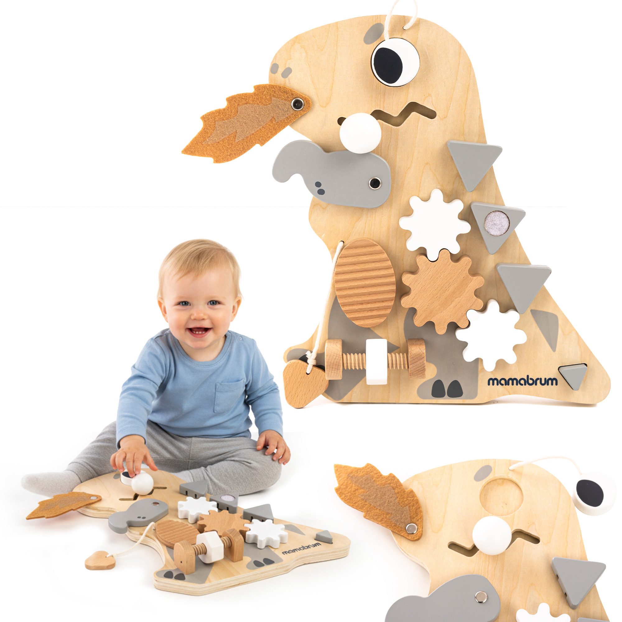 Mamabrum Motorikbrett Mamabrum Montessori Busy Board Dino 10in1 Holz Lernspielzeug