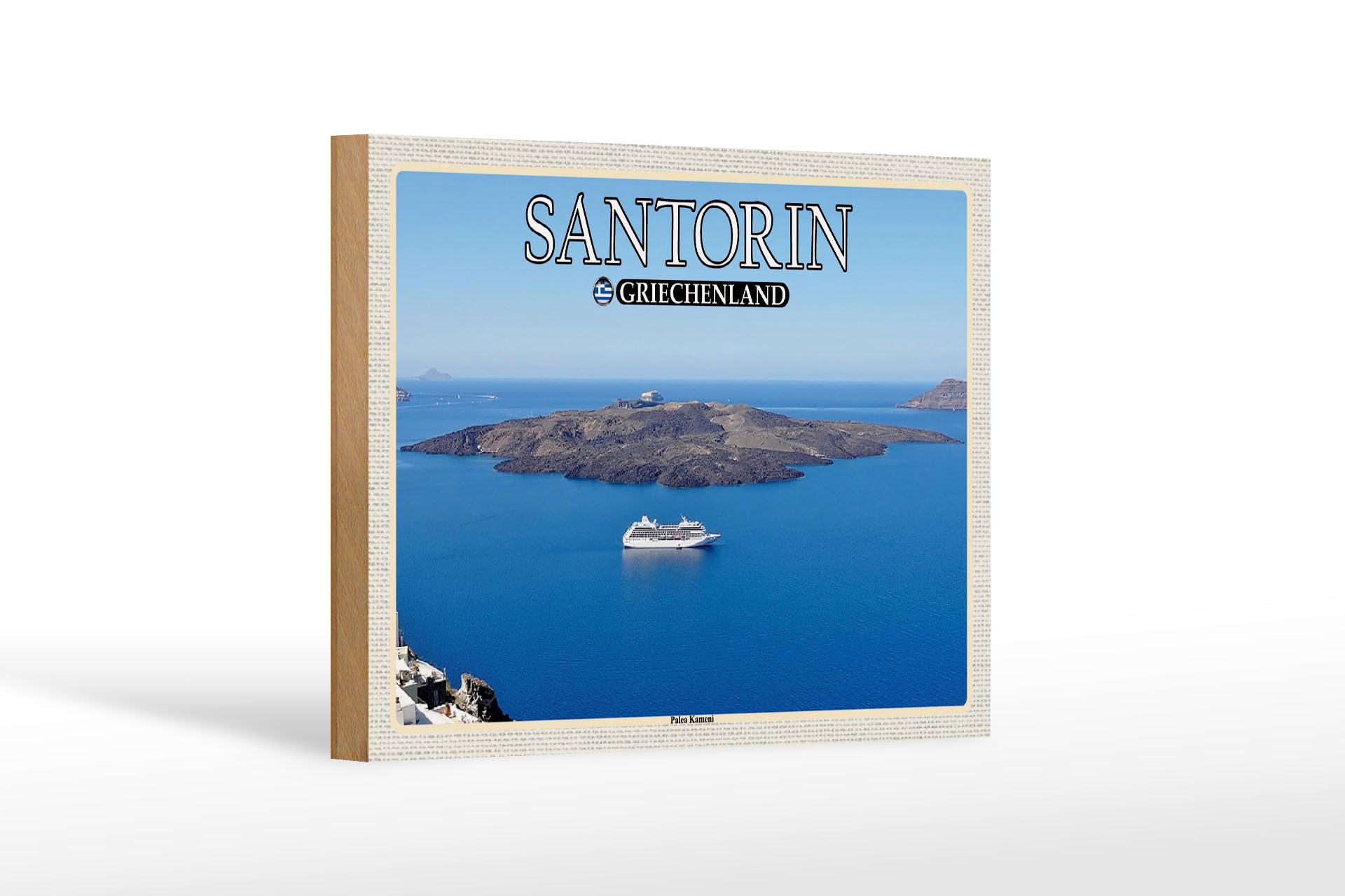 Femer GmbH Holzbild Reise 18x12 cm Santorin Griechenland Palea Kameni Insel, (1 St), Glatte Holzfaserplatte (MDF), vorn beschichtet