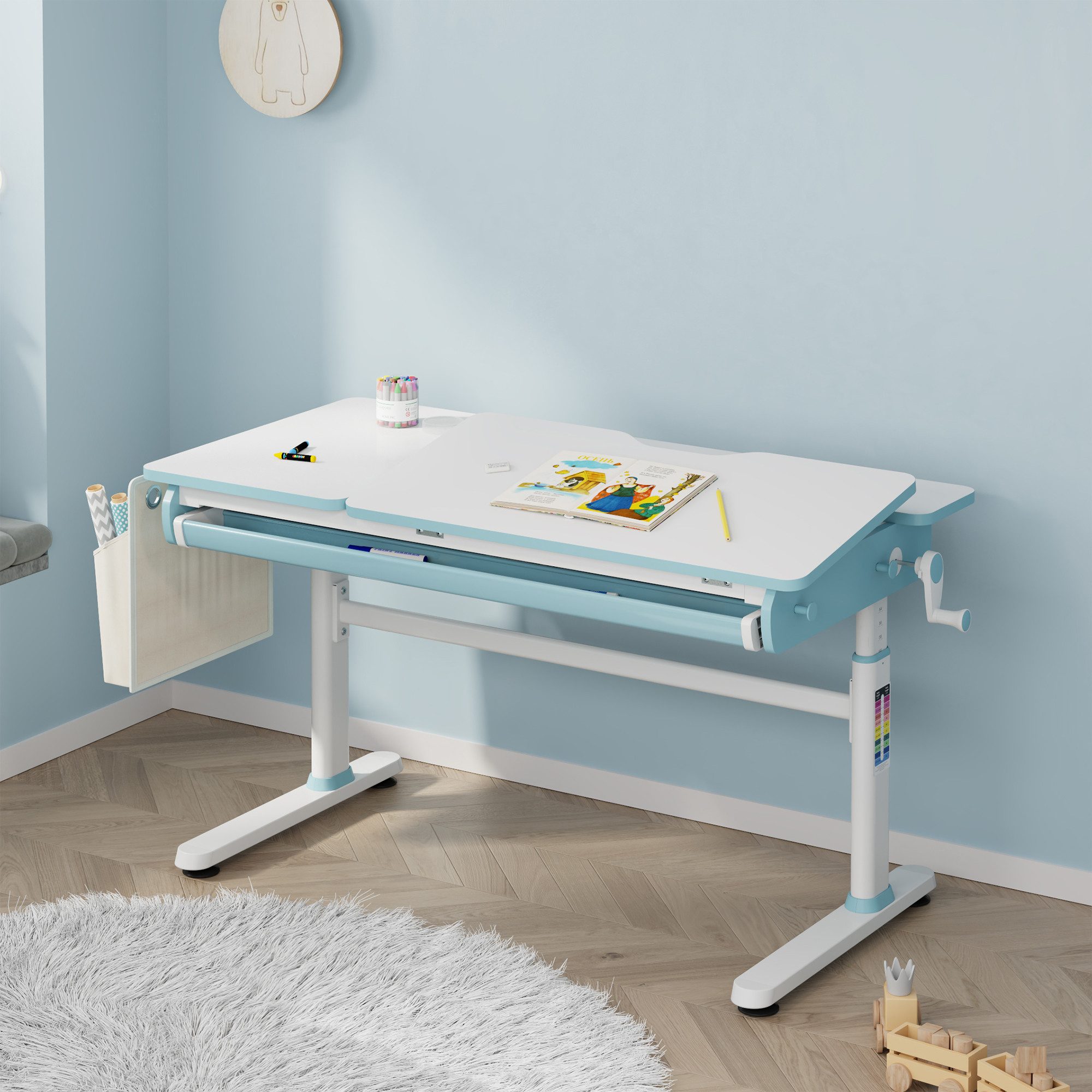 en.casa Kinderschreibtisch, höhenverstellbar »Kuosa« mit Schublade 120x60 cm Blau