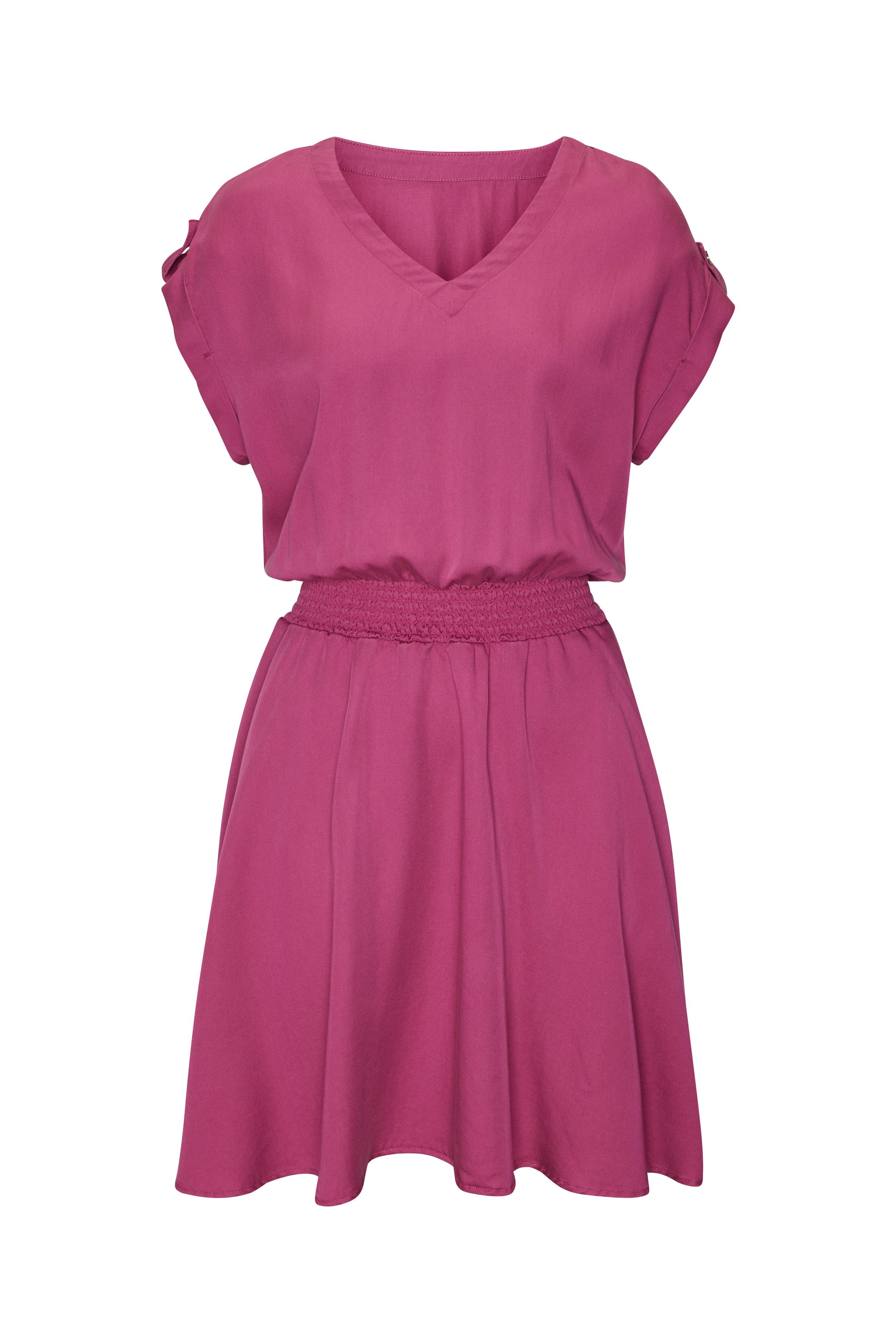 Buffalo Sommerkleid mit V-Ausschnitt aus weicher Lyocellware kurzes Kleid, figurumspielendes Sommerkleid, Strandkleid, Tunikakleid. € 69,99