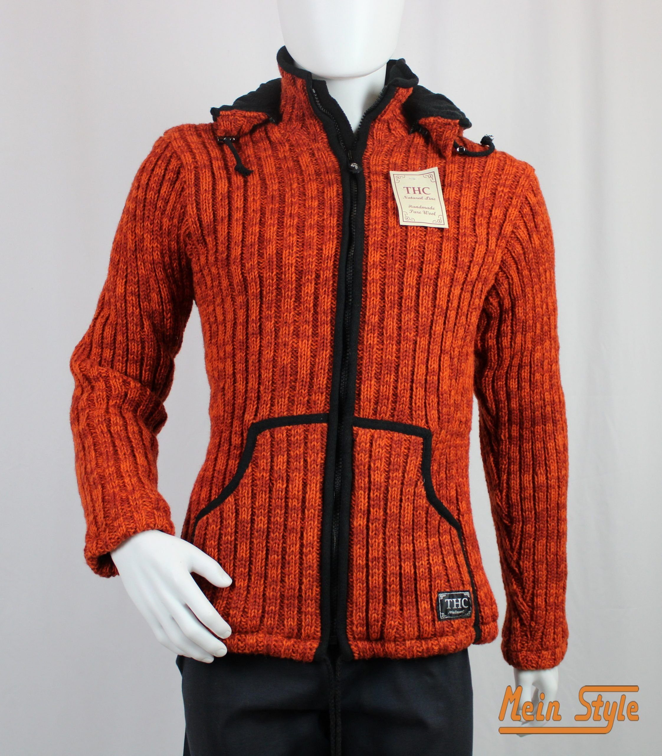 Mein Style Strickjacke Schafwollstrickjacke mit Kapuze 719 orange Strickjacke 1 abnehmbarer Stück) (1-tlg.,