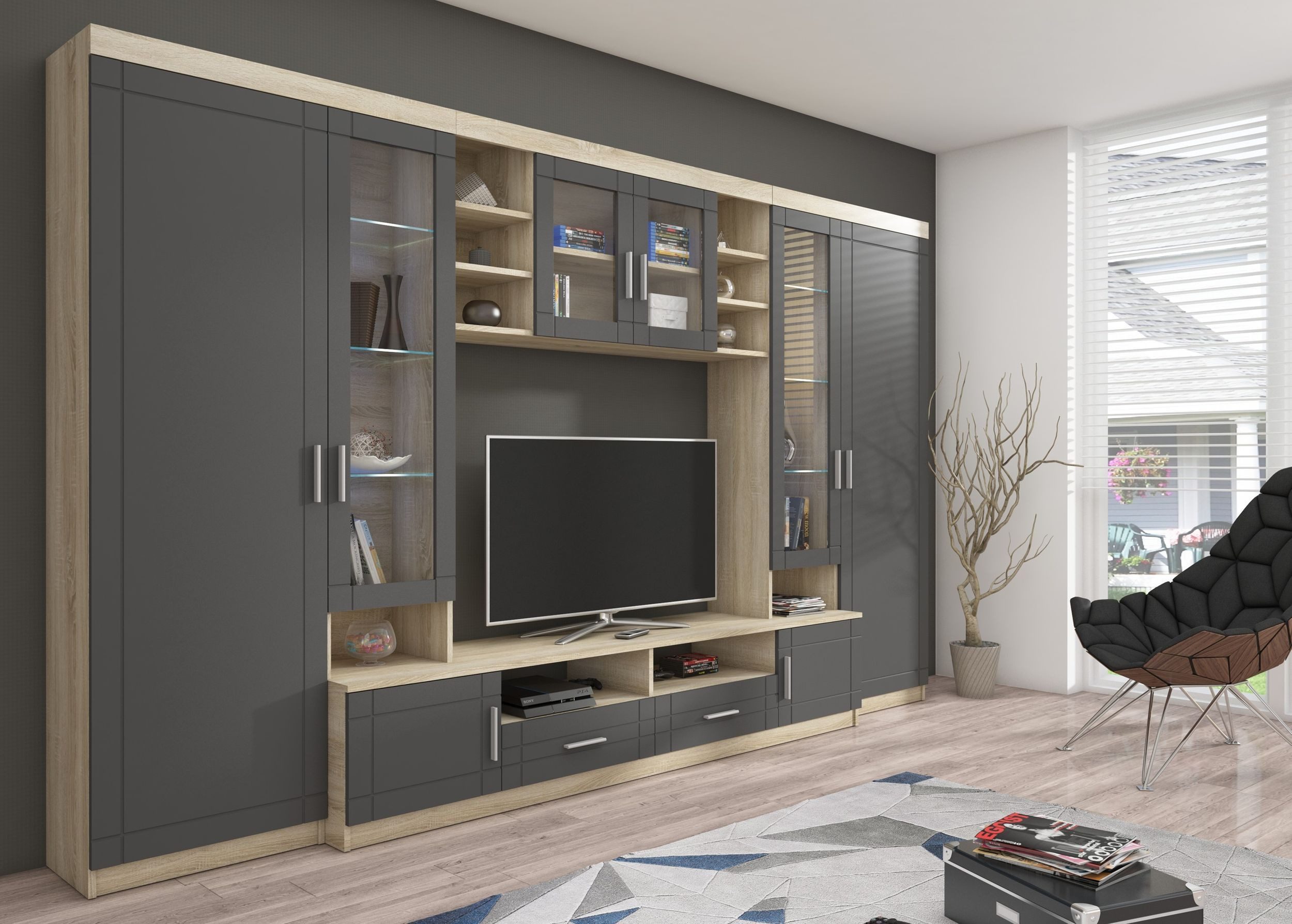 Küchen-Preisbombe Wohnwand Paris Schrankwand Anbauwand Wohnzimmer MDF Grau+ günstig online kaufen