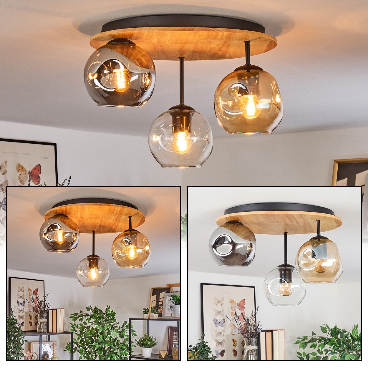 hofstein Deckenleuchte Deckenlampe aus Metall/Holz/Glas in günstig online kaufen