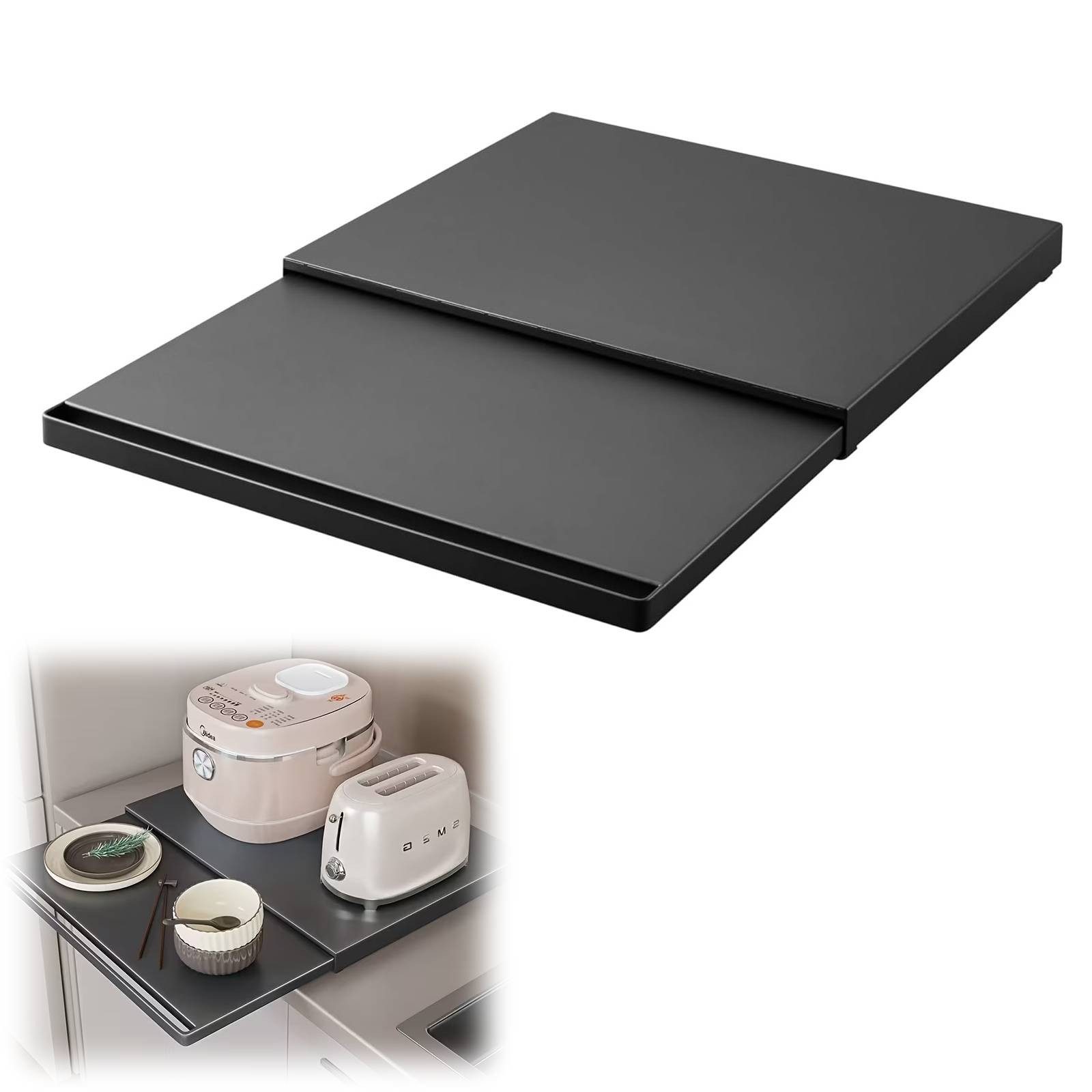 BlingBin Abtropfmatte Gleitbrett Gerätematte Ausziehbar Tablett für Arbeitsplatte, Zubehör für Ninja Creami Deluxe Eismaschine, Thermomix Friend, Brotmaschinen, Kaffeemaschinen, Mixer, Entsafter, Küchenmaschinen, Unterlage für Küchengeräte kaffeevollautomat kaffeemaschine, Schwarz