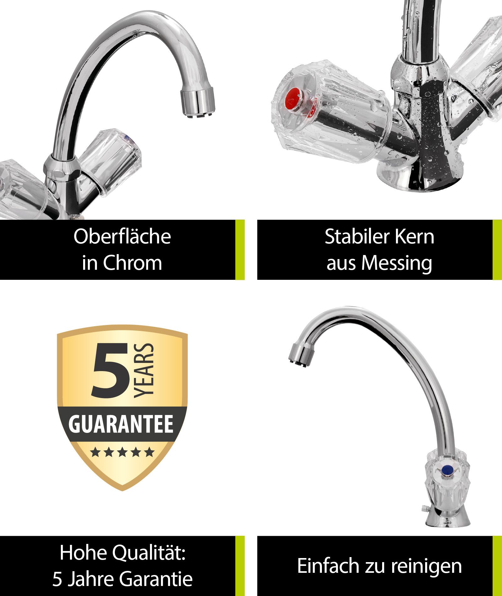 aquaSu Waschtischarmatur Standard Plus Zweigriffmischer, Niederdruck, Acrylgriff, Boiler, HU-Auslauf