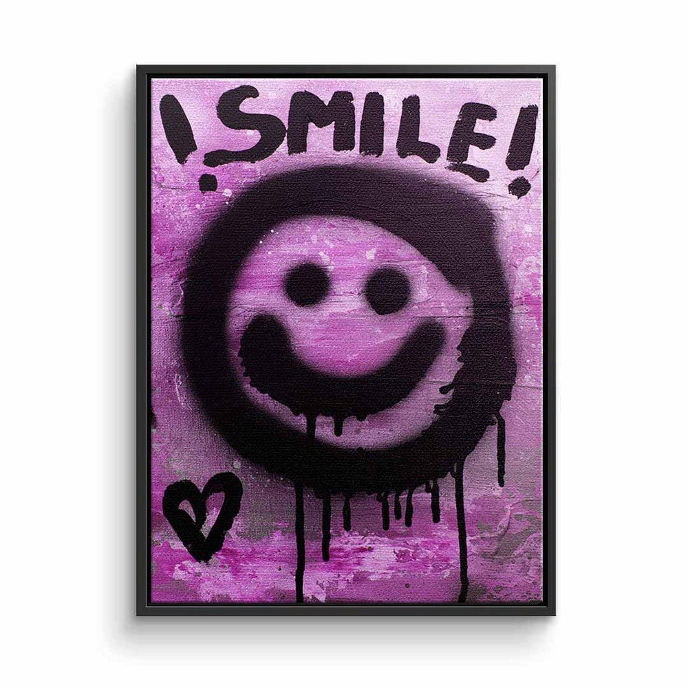 DOTCOMCANVAS® Leinwandbild, Leinwandbild graffiti smile lächle lila schwarz smilie emoji mit premi schwarzer Rahmen