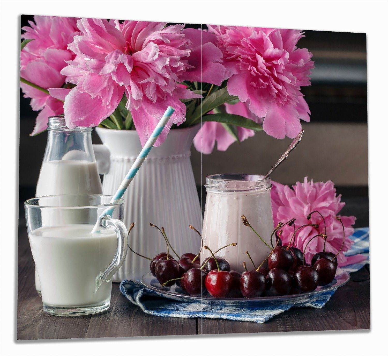 Wallario Herd-Abdeckplatte Milch mit Kirschen zum Frühstück mit rosa Blumenarrangement, ESG-Sicherheitsglas, (Glasplatte, 2 tlg., inkl. 5mm Noppen), verschiedene Größen