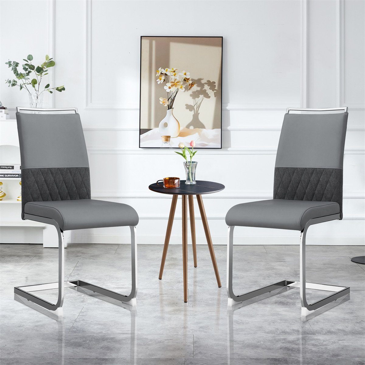 XDeer Esszimmerstuhl 2er Set Esszimmerstühle,Bürostuhl,Querstreifen Rückenlehne Design, Rücklehne aus PU und Leinen,hoher Rücken gepolstert Side Chair Grau