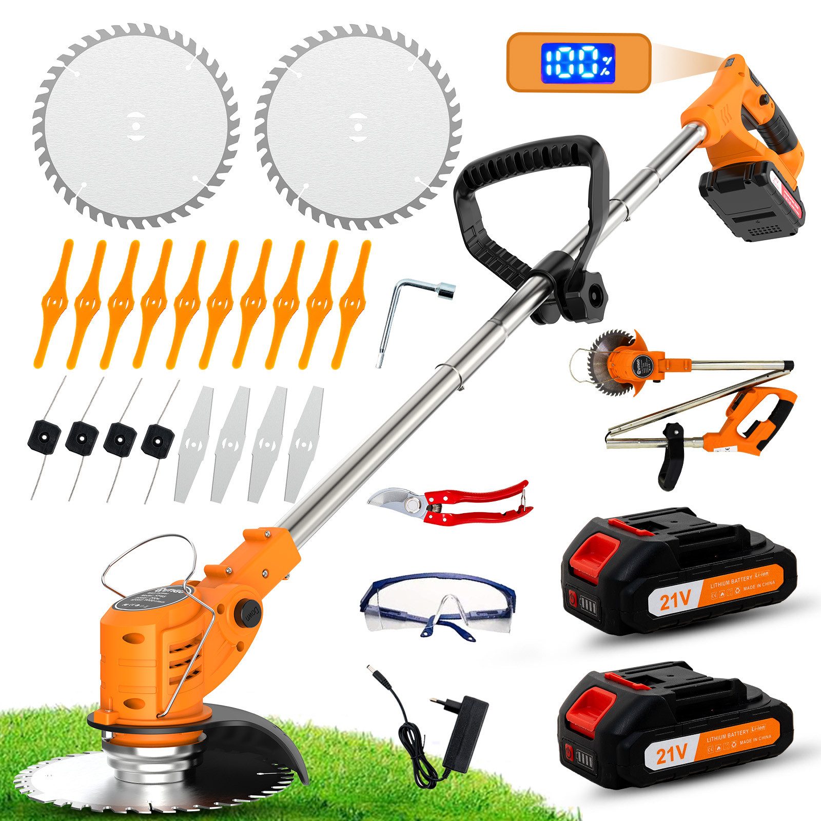 OUTIGO Akku-Rasentrimmer Akku Rasentrimmer, 2 Akkus und 4 Messertypen, (Set), Akku Rasentrimmer Akkurasenmäher