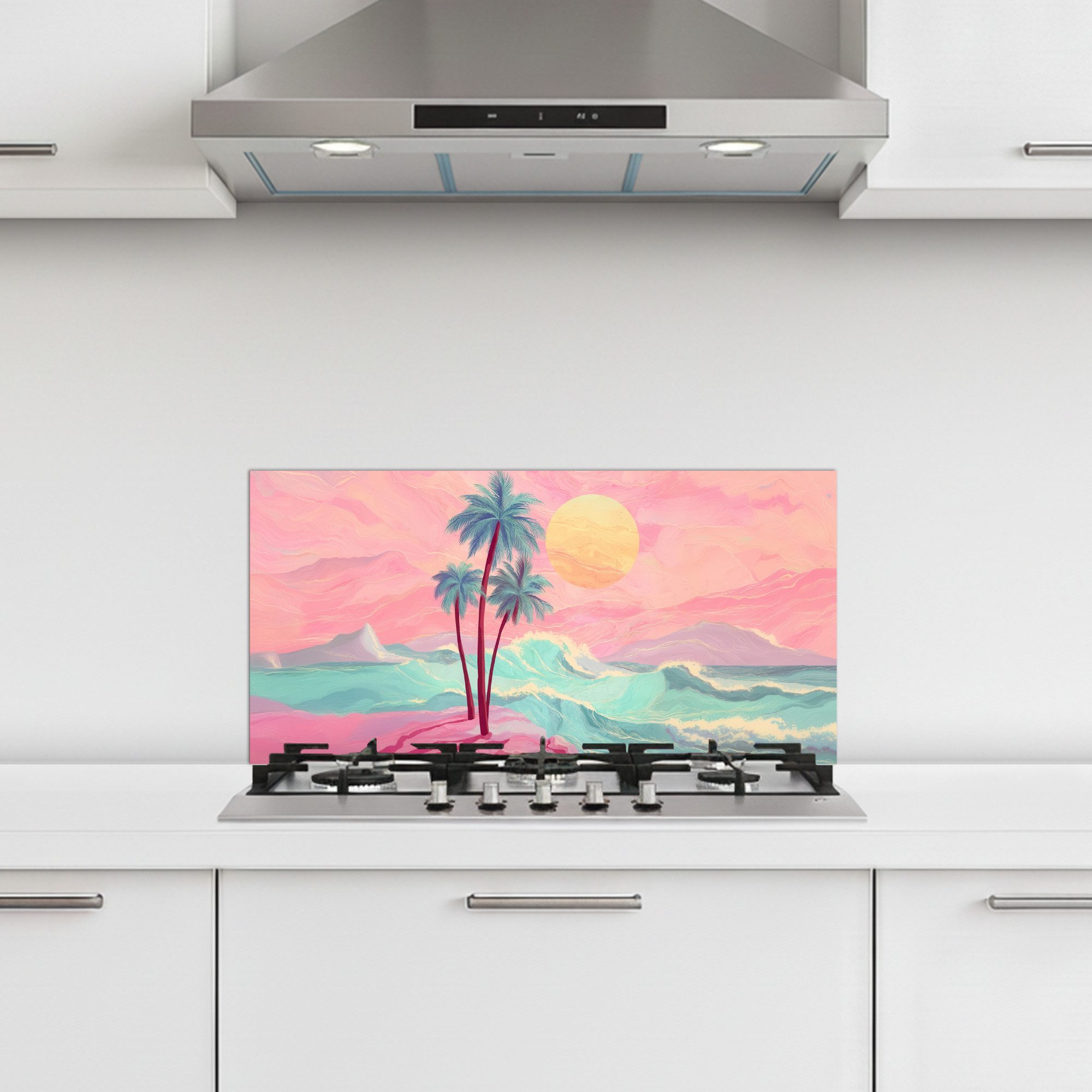 KitchenYeah Küchenrückwand selbstklebend (keine Folie) Palmen - Wellen - Meer, (1-tlg), Spritzschutz Herd Wand, Küchen Deko, 70x30 cm