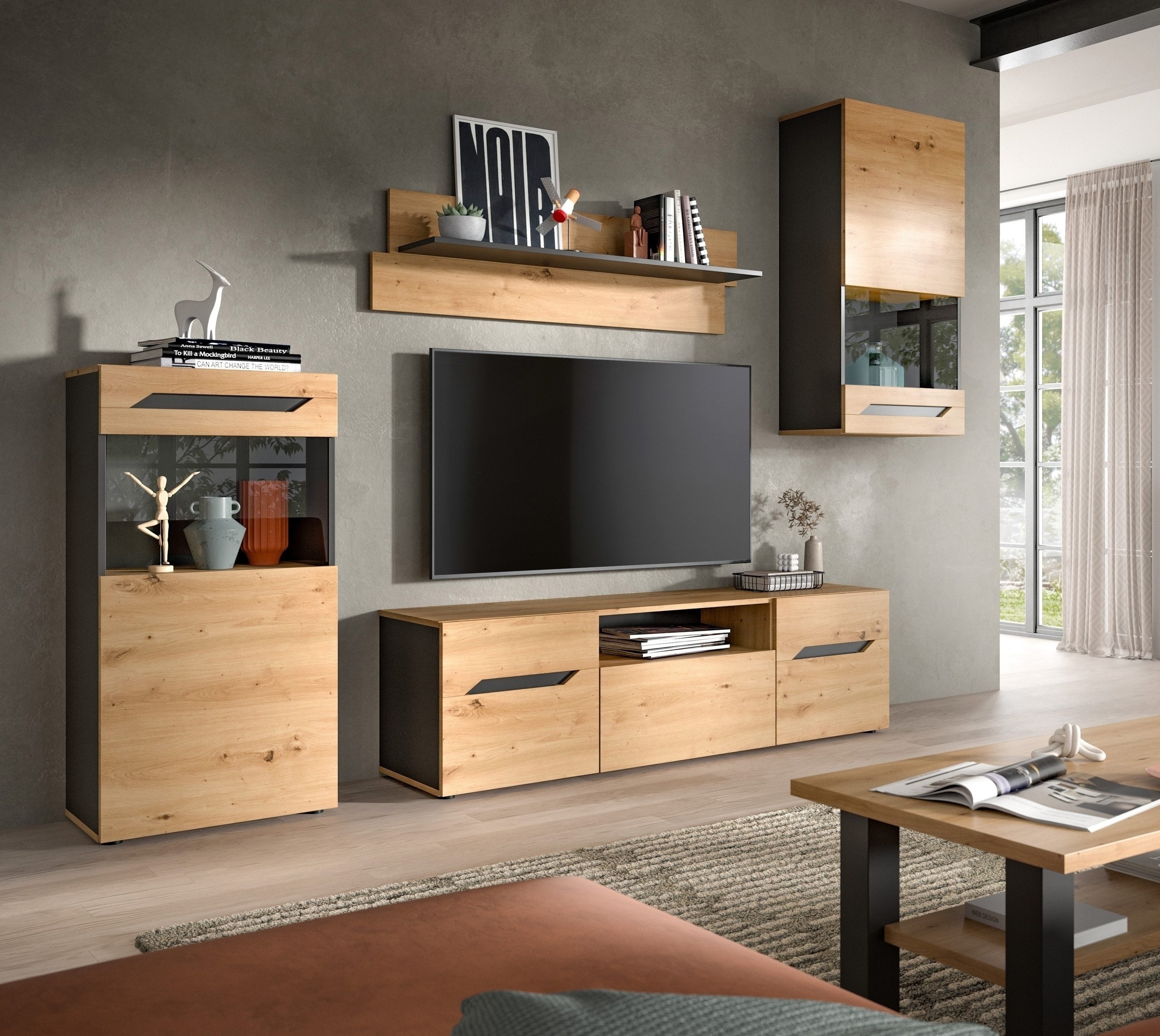 freiraum Wohnwand Caserta, in Basalt Grau / Artisan Eiche - 253x196x40cm (BxHxT)